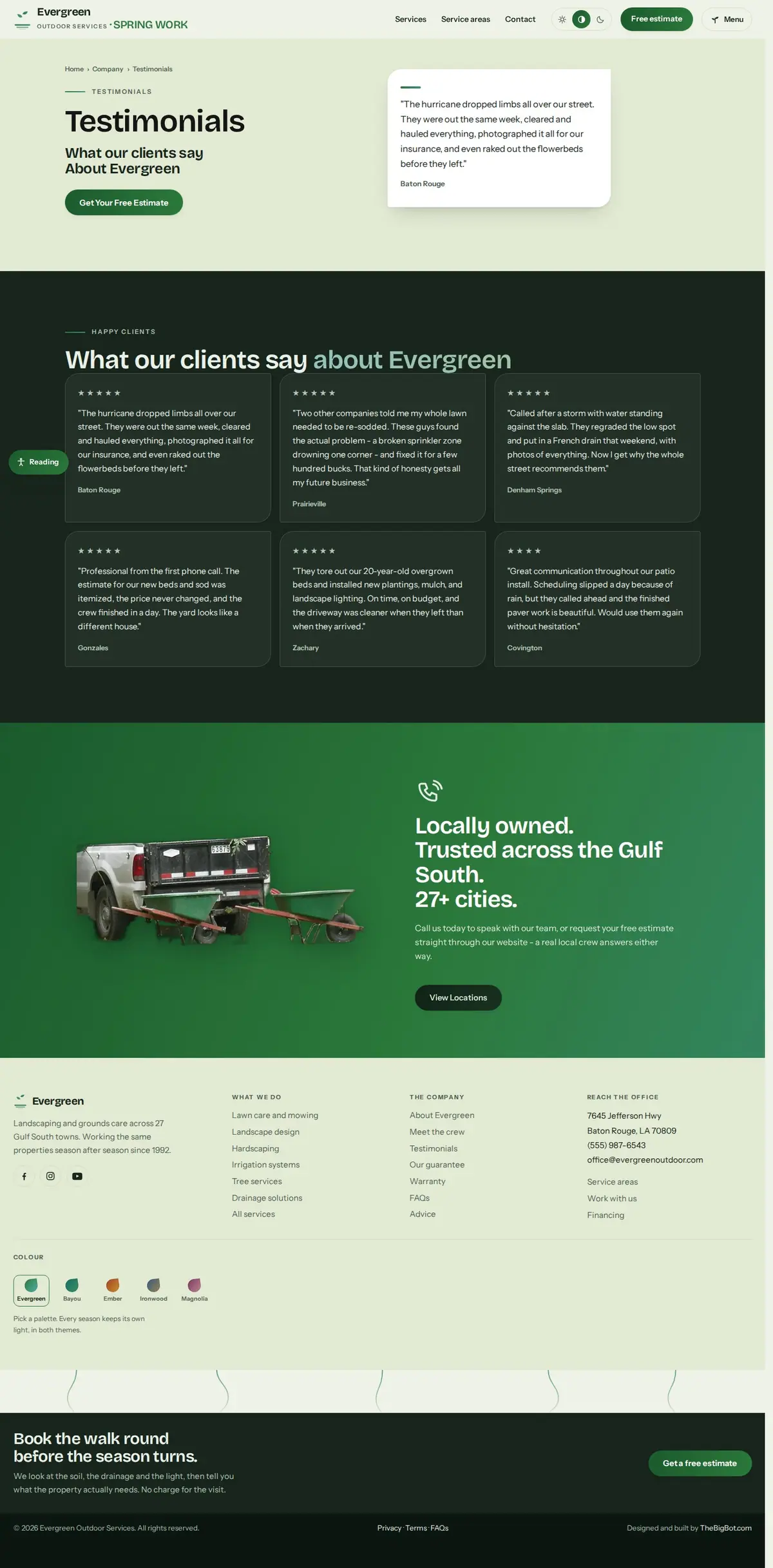 The testimonials page of the Evergreen Outdoor Services landscaping website design