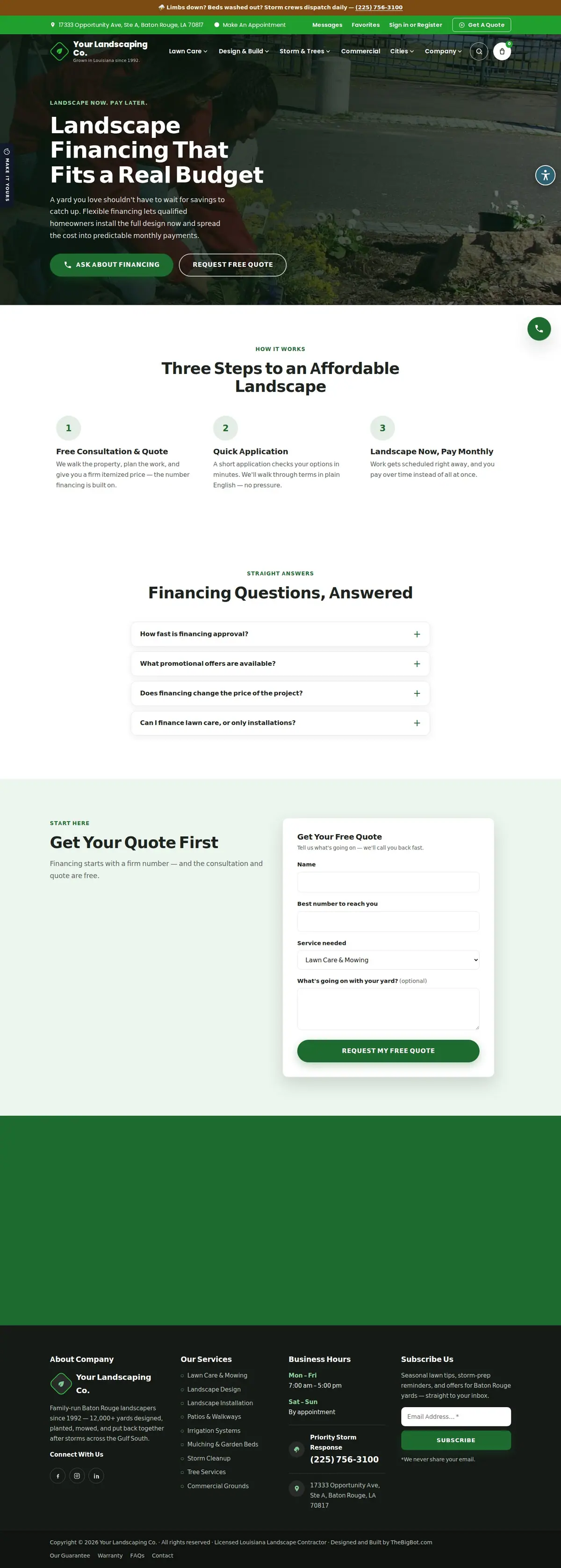The financing page of the Your Landscaping Co. — August 2026 landscaping website design