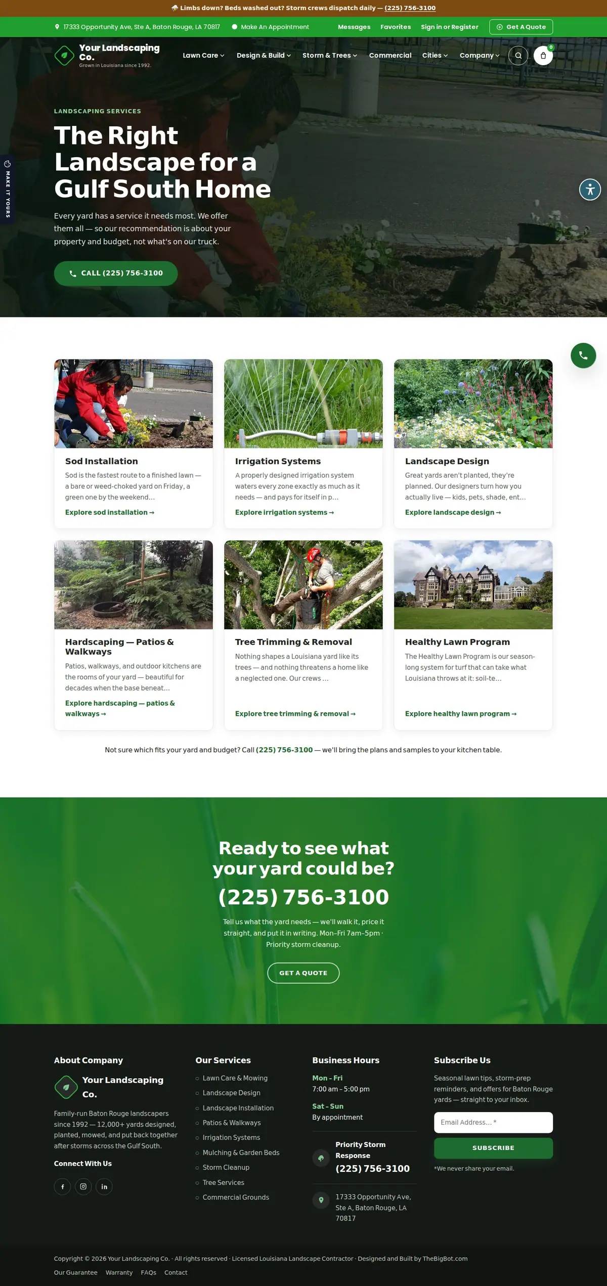 The landscaping services page of the Your Landscaping Co. — August 2026 landscaping website design