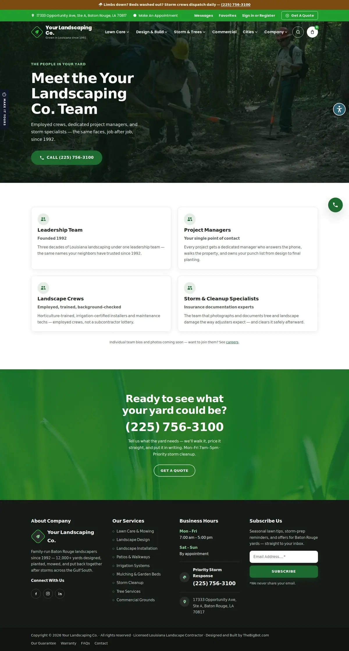 The meet our team page of the Your Landscaping Co. — August 2026 landscaping website design