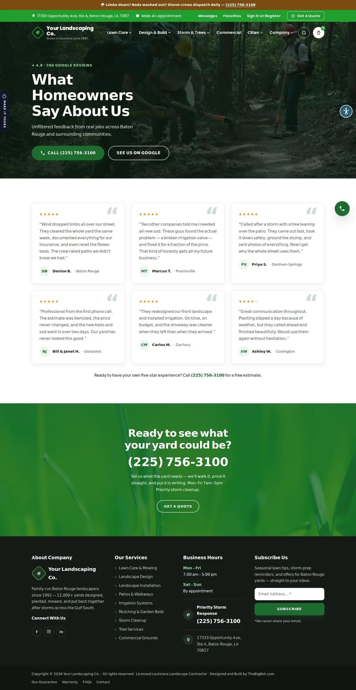 The testimonials page of the Your Landscaping Co. — August 2026 landscaping website design
