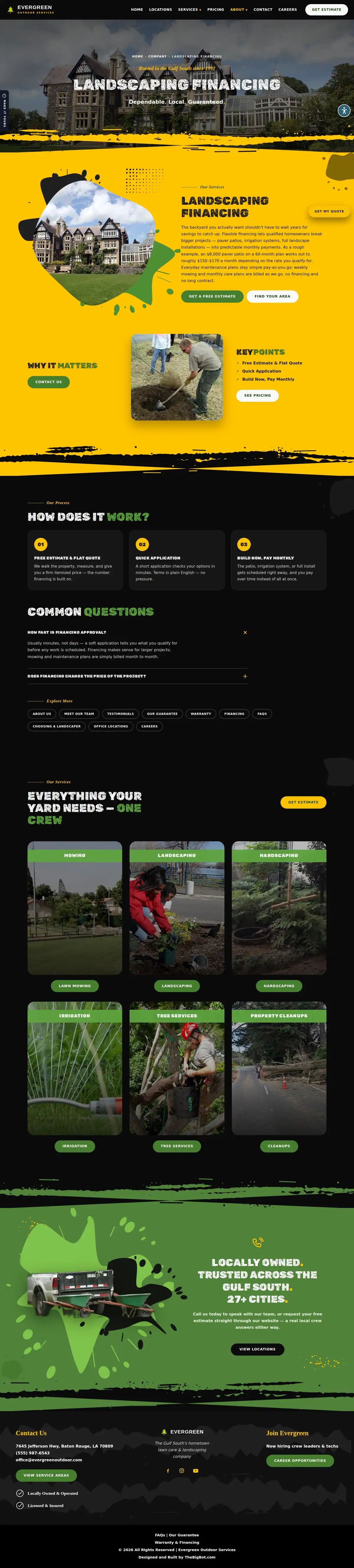 The financing page of the Evergreen Landscaping — August 2026 landscaping website design