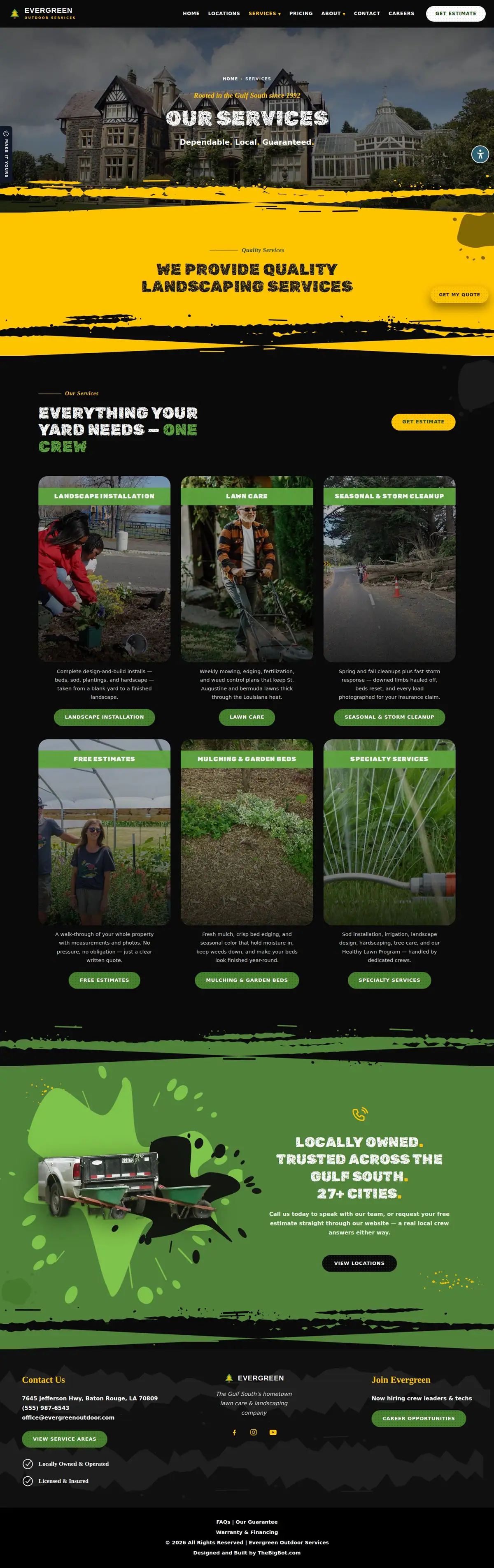 The services page of the Evergreen Landscaping — August 2026 landscaping website design