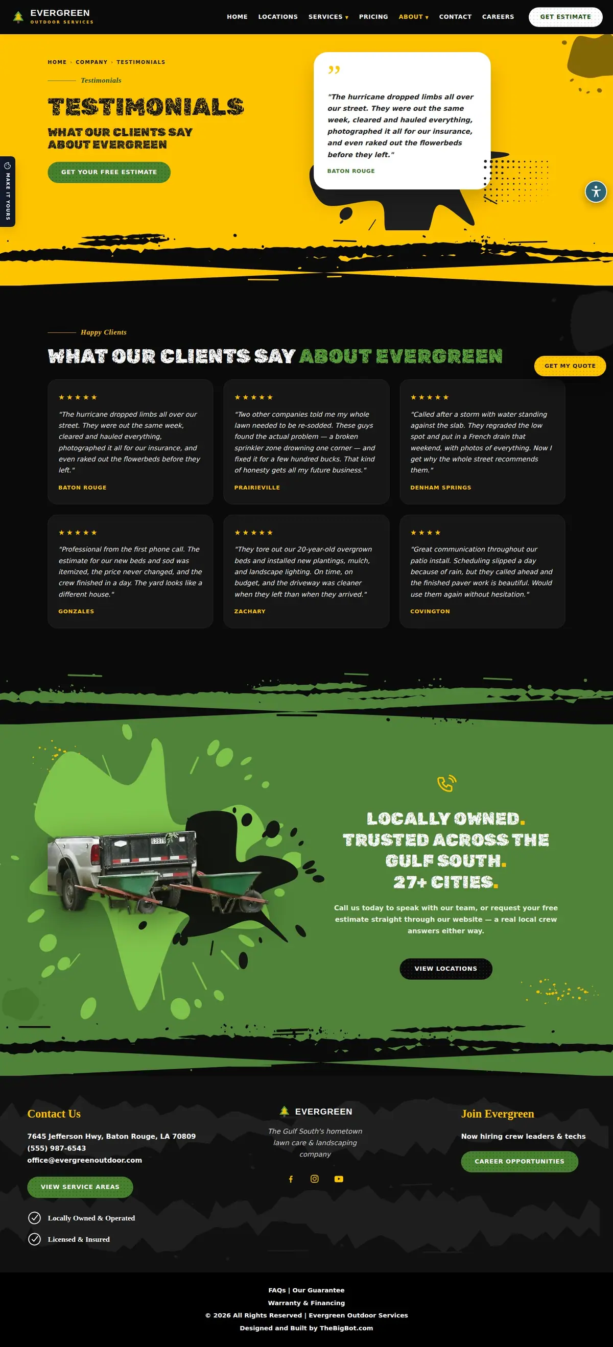 The testimonials page of the Evergreen Landscaping — August 2026 landscaping website design