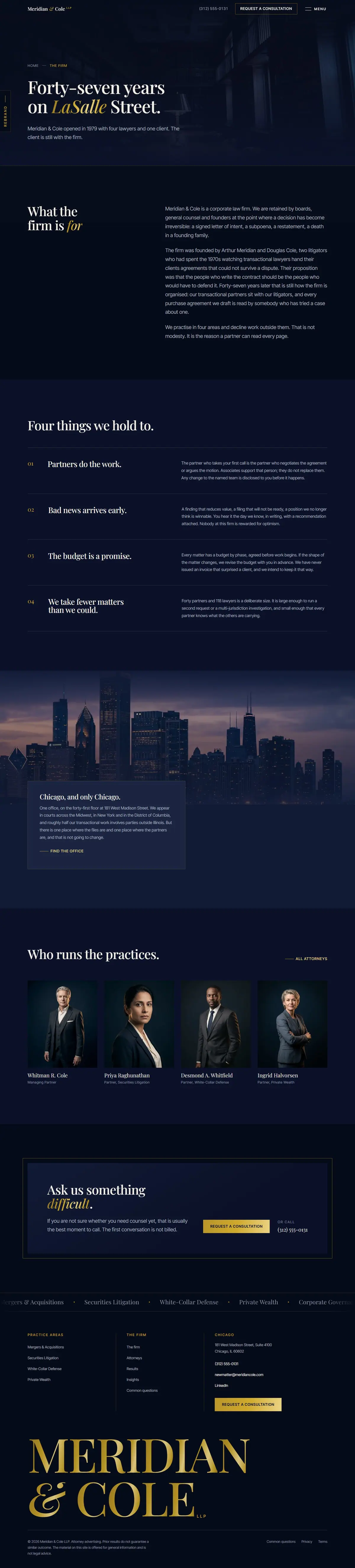 The about page of the Meridian & Cole legal website design