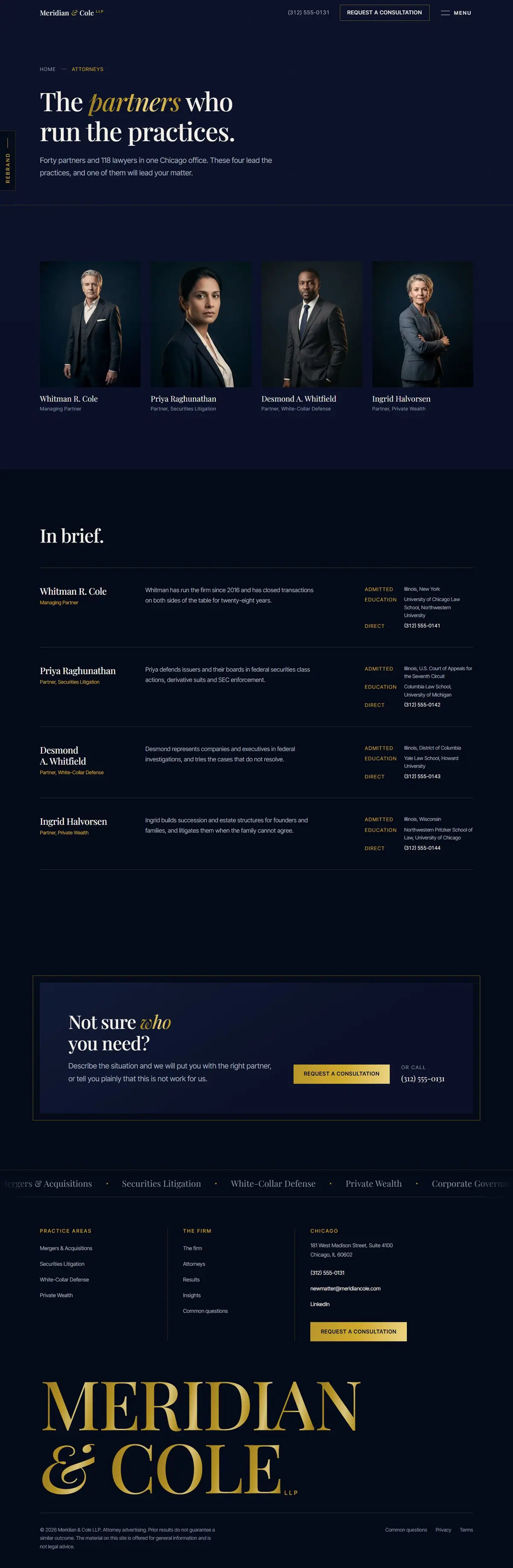 The attorneys page of the Meridian & Cole legal website design