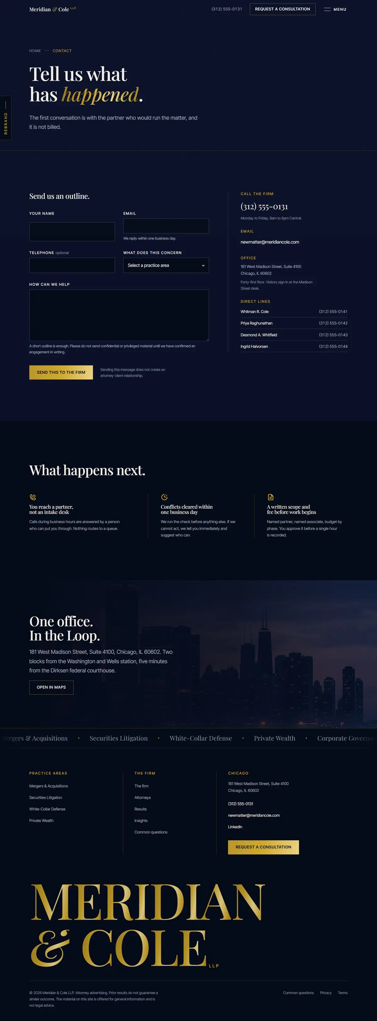 The contact page of the Meridian & Cole legal website design