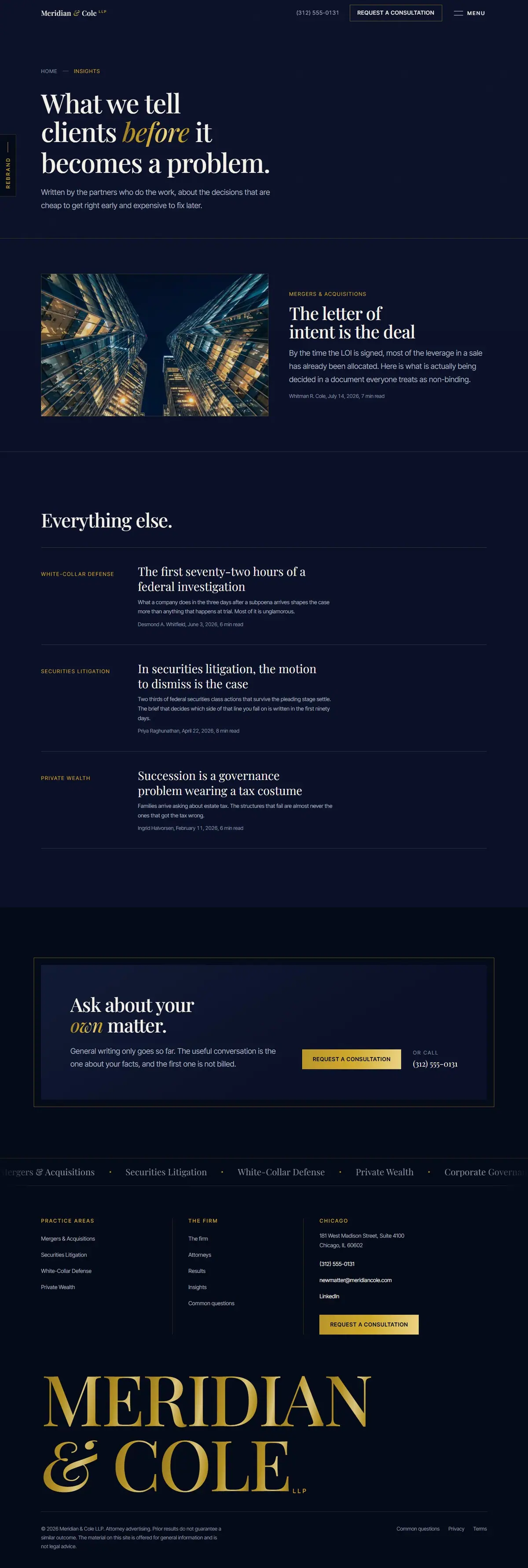 The insights page of the Meridian & Cole legal website design