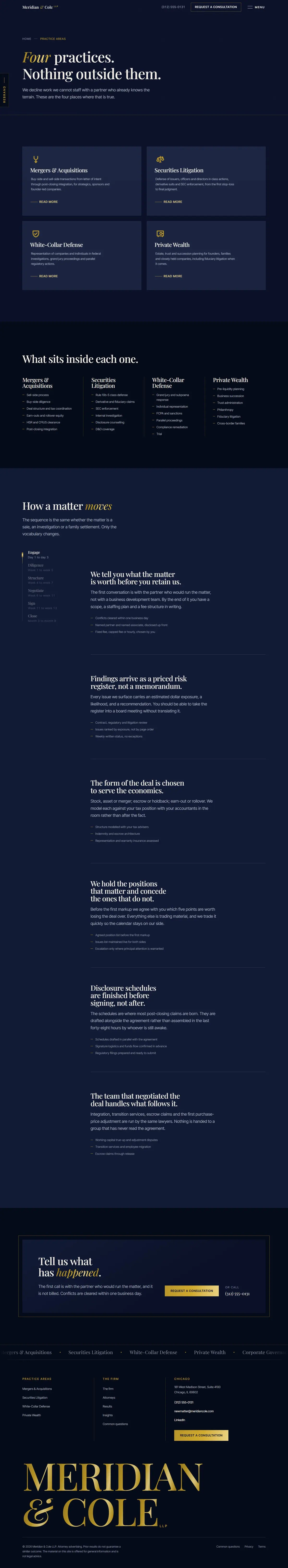 The practice areas page of the Meridian & Cole legal website design