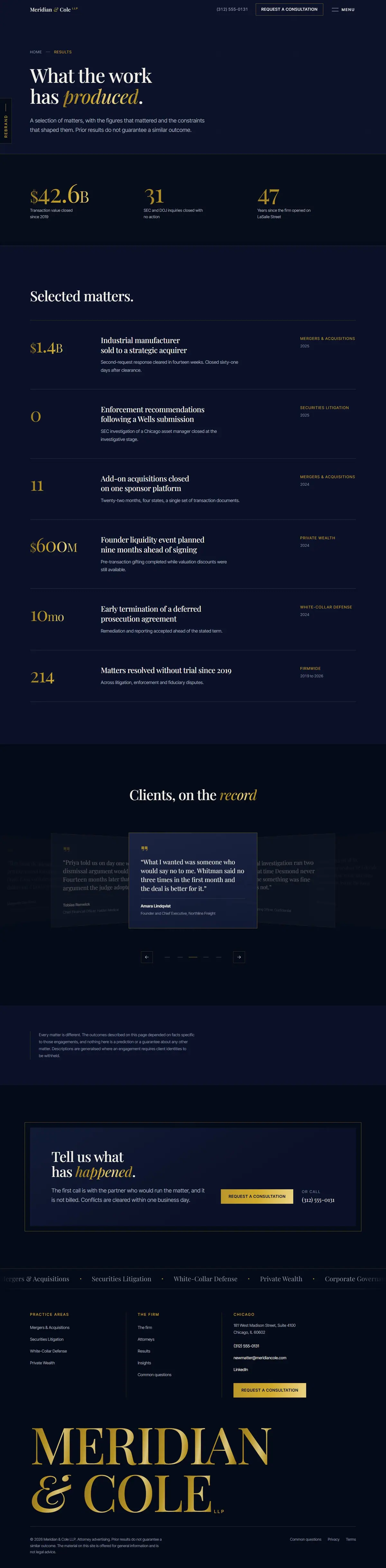 The results page of the Meridian & Cole legal website design