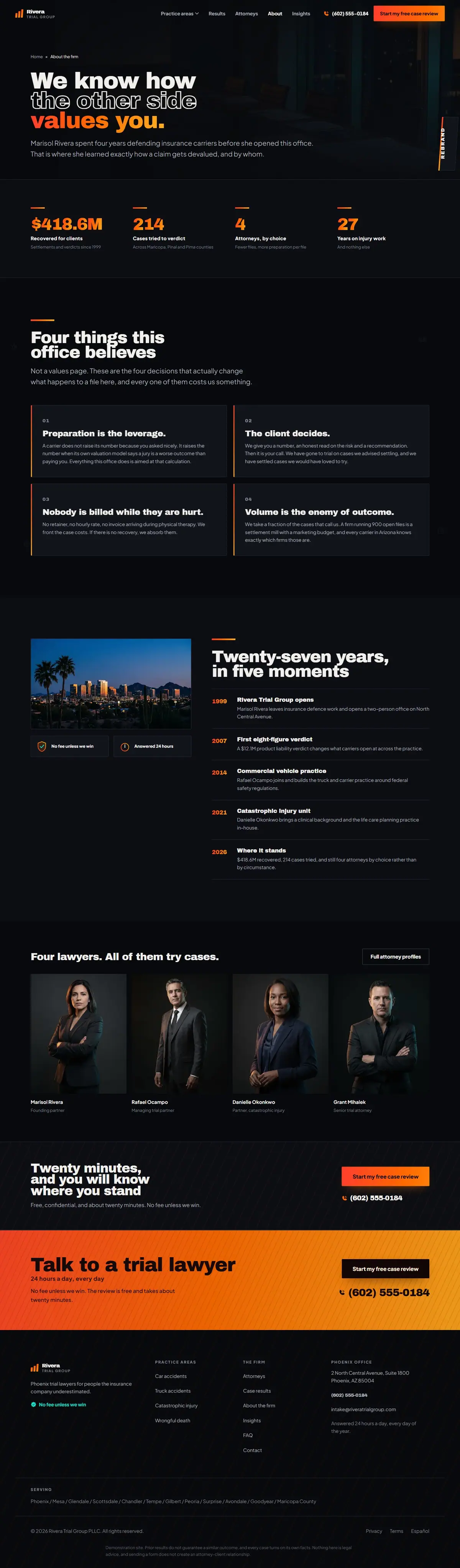 The about page of the Rivera Trial Group legal website design