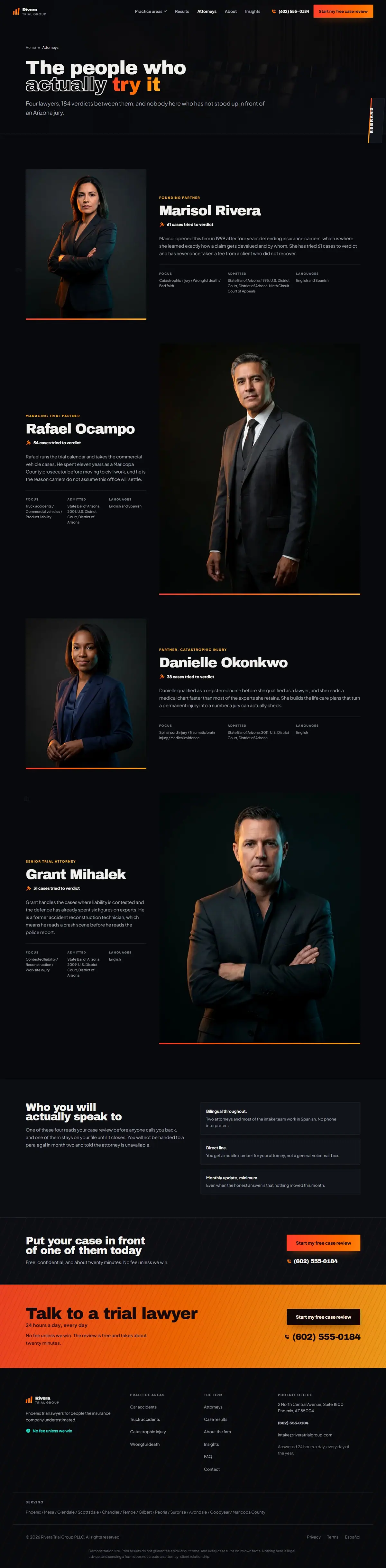 The attorneys page of the Rivera Trial Group legal website design