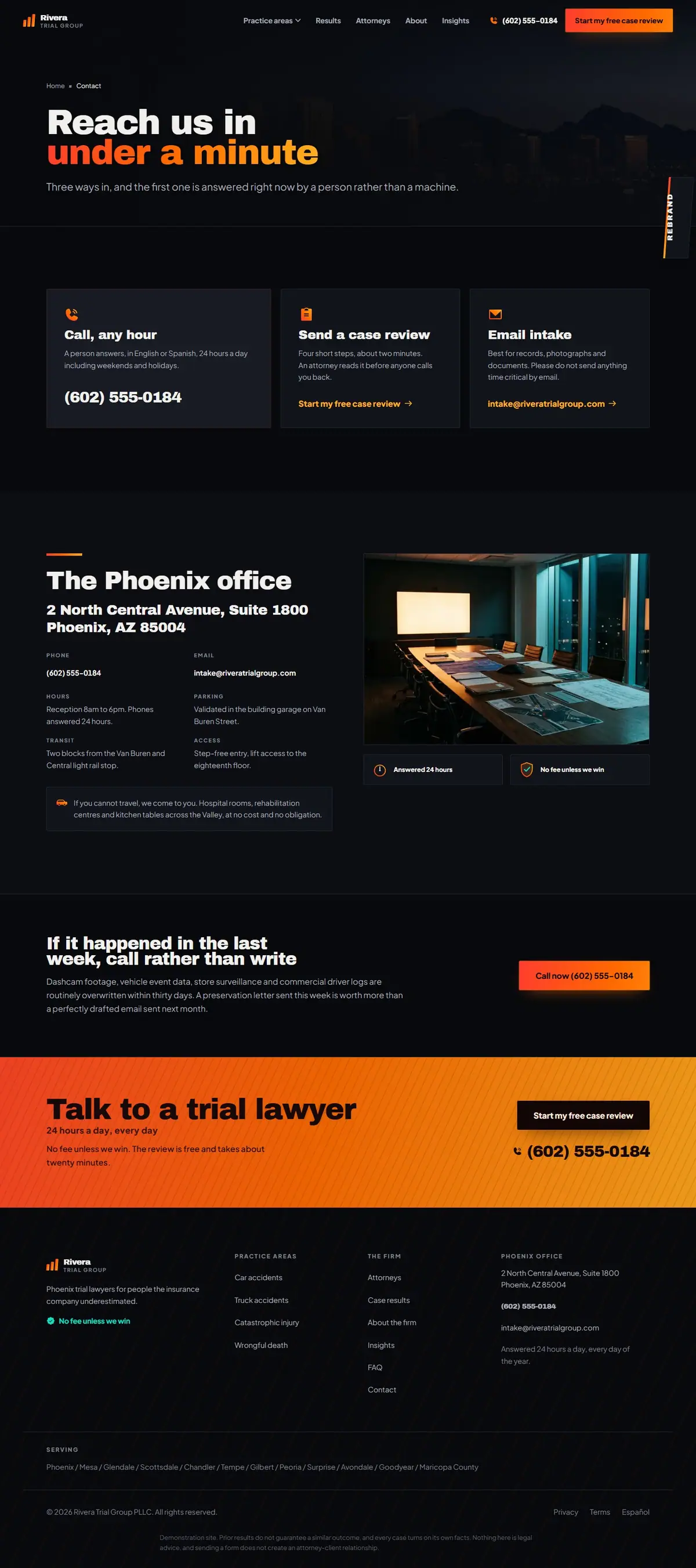 The contact page of the Rivera Trial Group legal website design