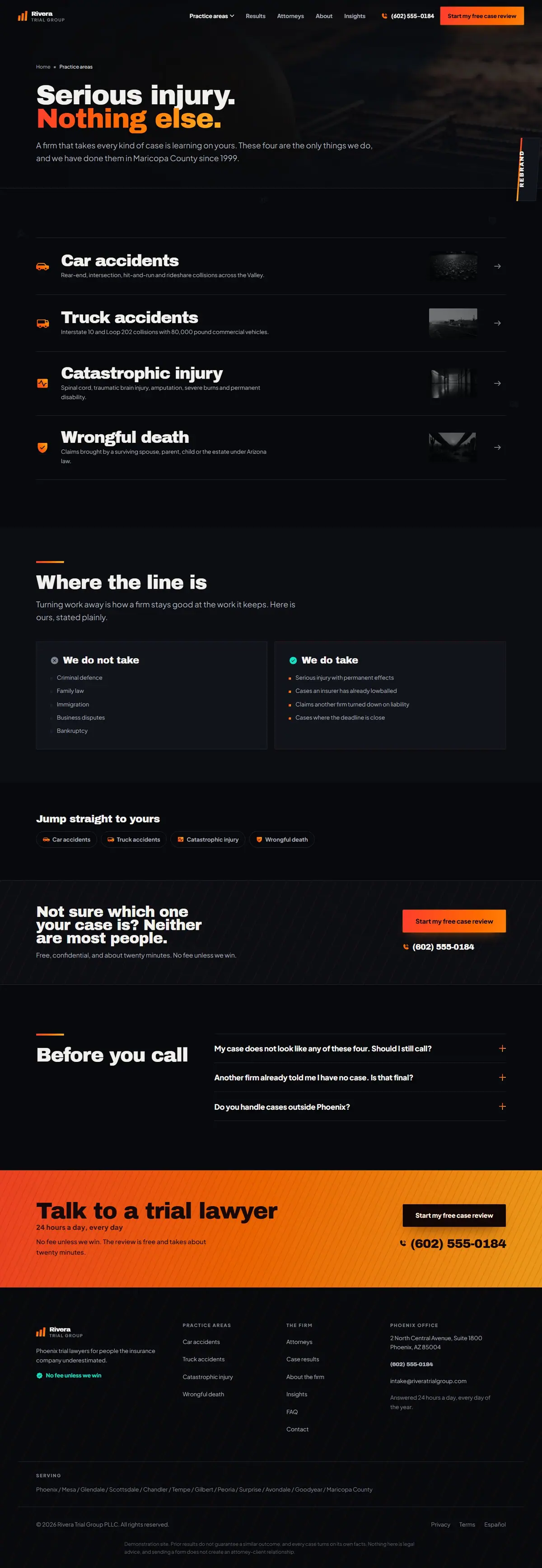 The practice areas page of the Rivera Trial Group legal website design