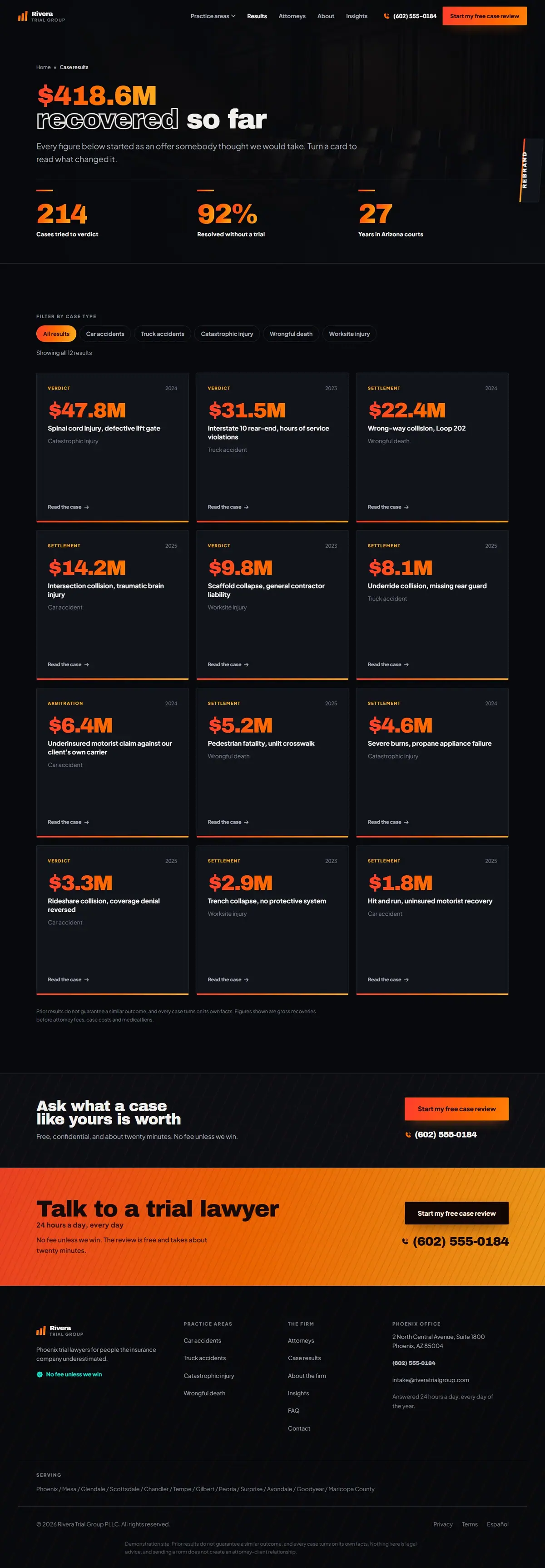 The results page of the Rivera Trial Group legal website design