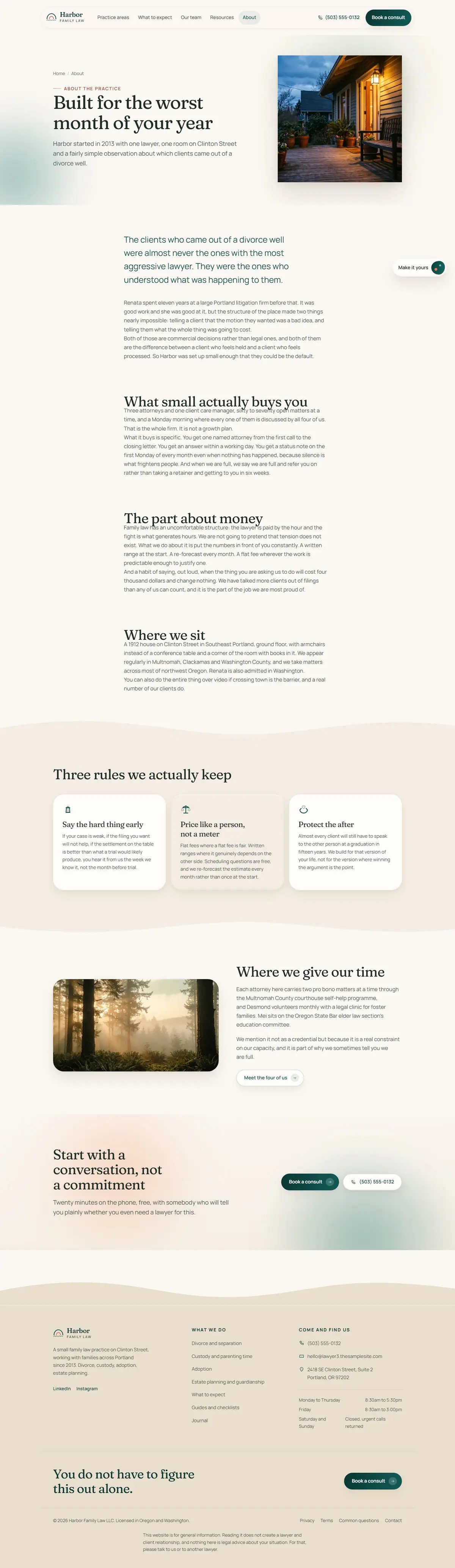 The about page of the Harbor Family Law legal website design