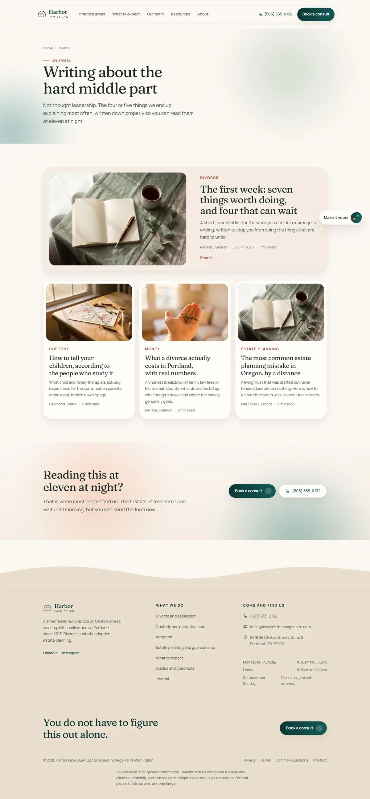 The blog page of the Harbor Family Law legal website design