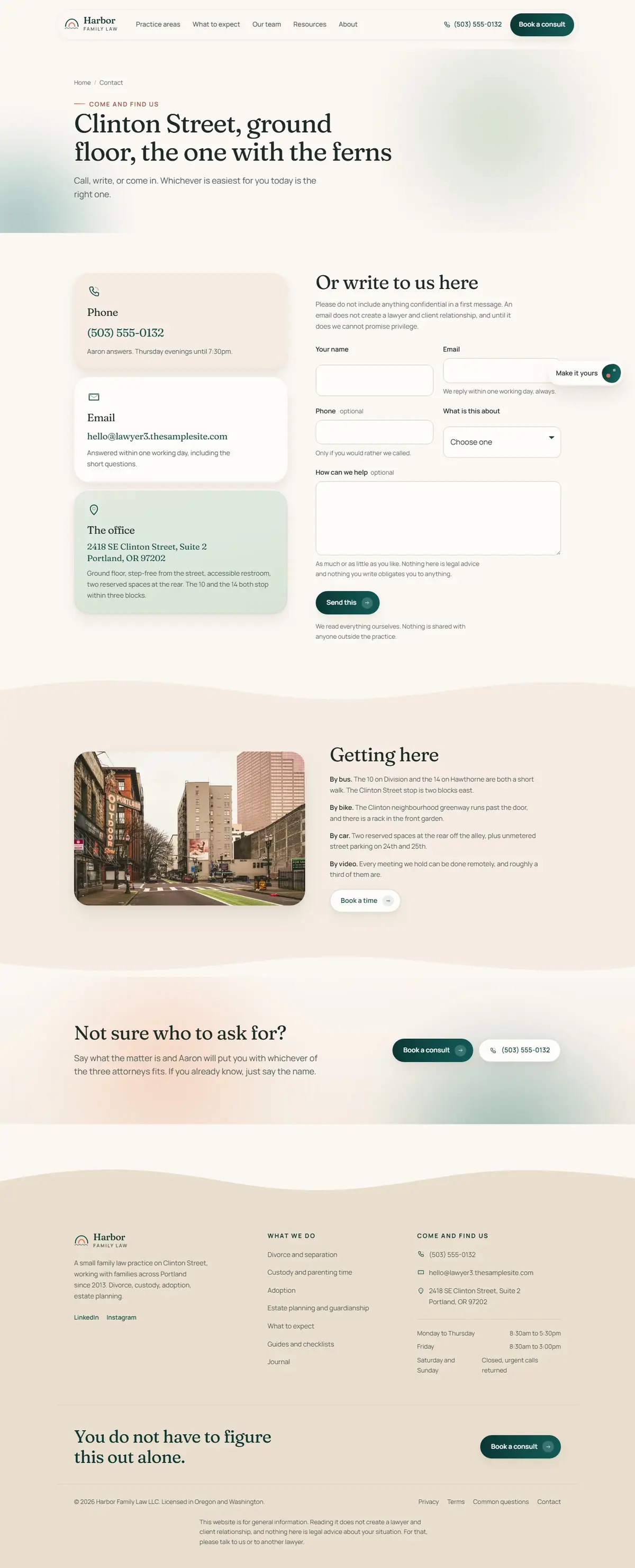 The contact page of the Harbor Family Law legal website design