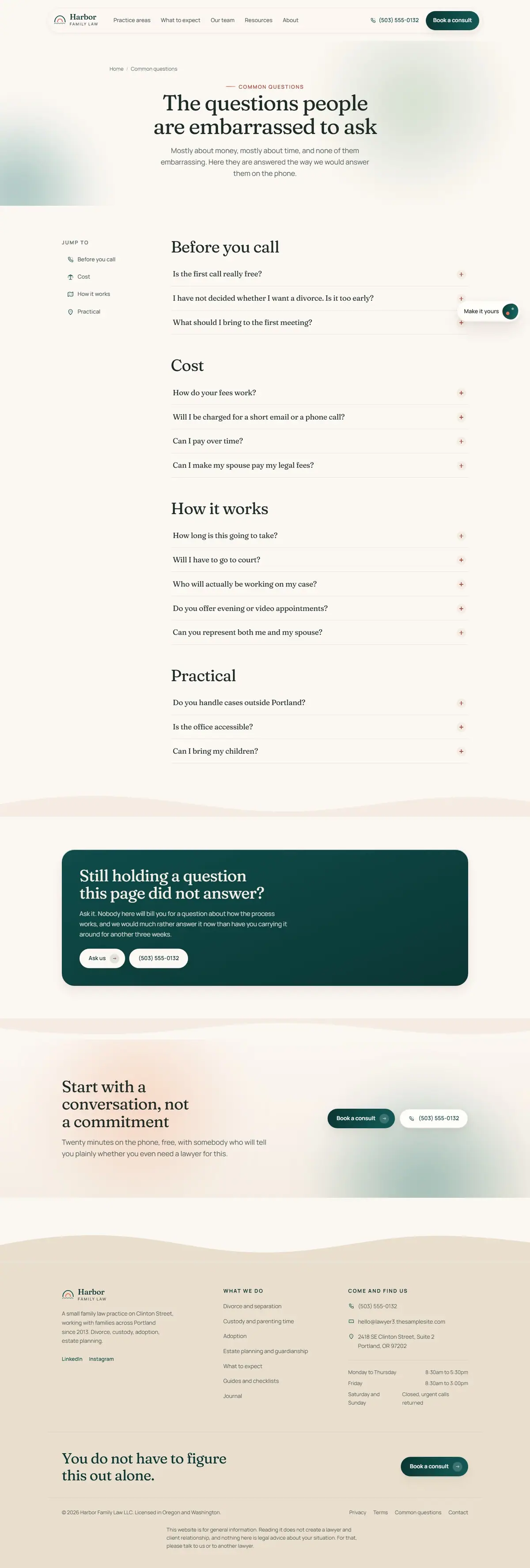 The faq page of the Harbor Family Law legal website design