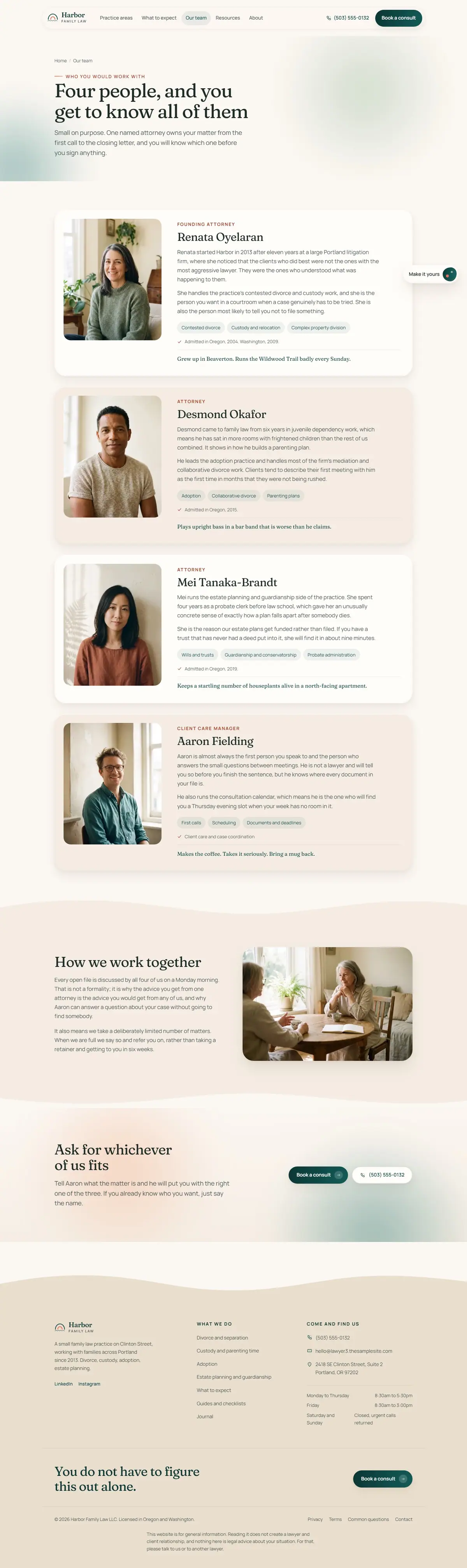 The our team page of the Harbor Family Law legal website design