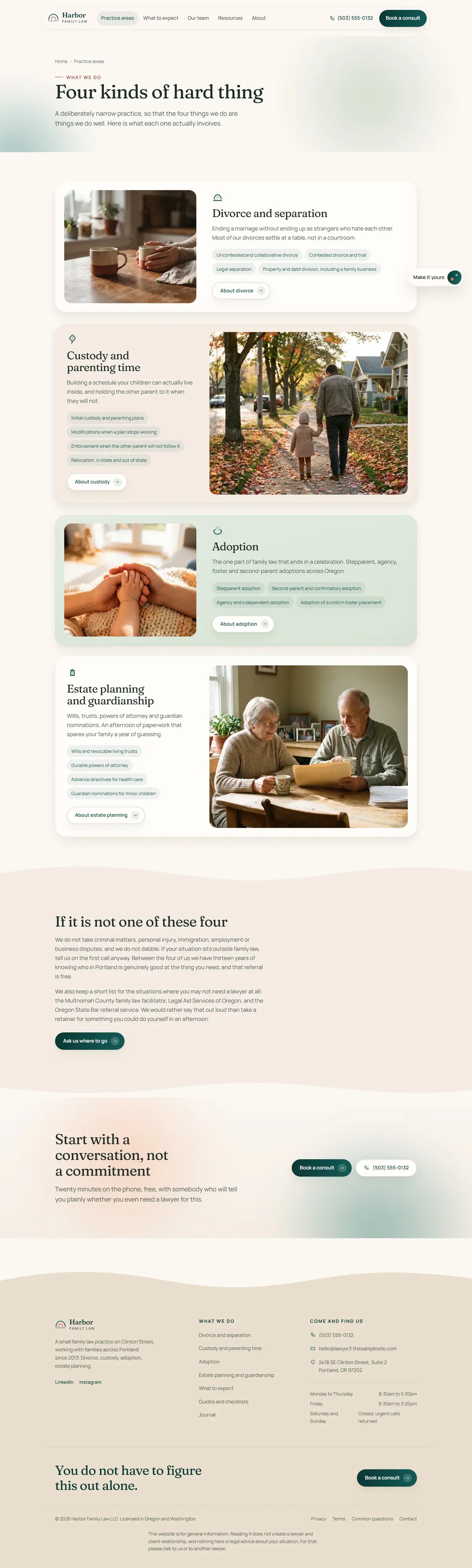 The practice areas page of the Harbor Family Law legal website design