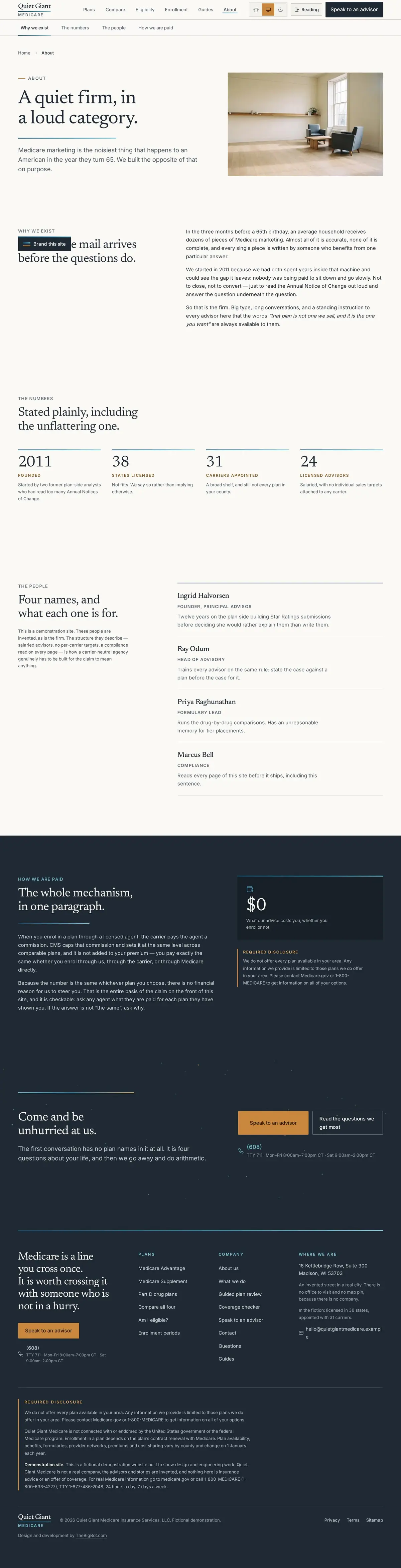 The about page of the Quiet Giant medicare website design
