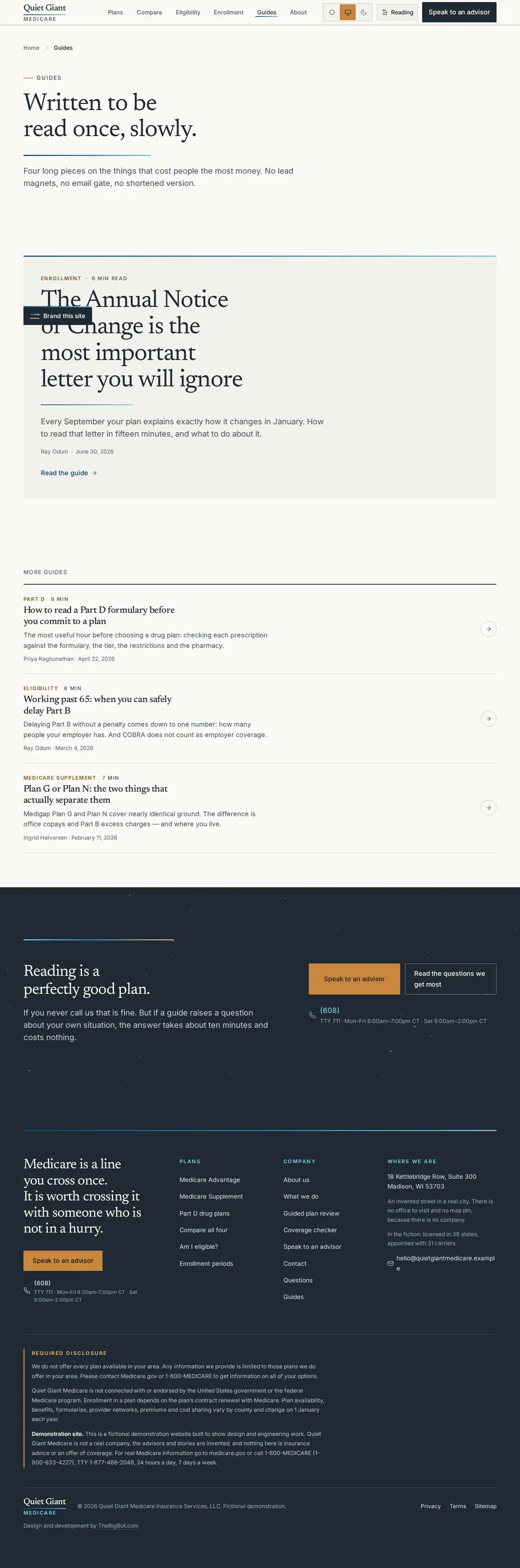 The blog page of the Quiet Giant medicare website design