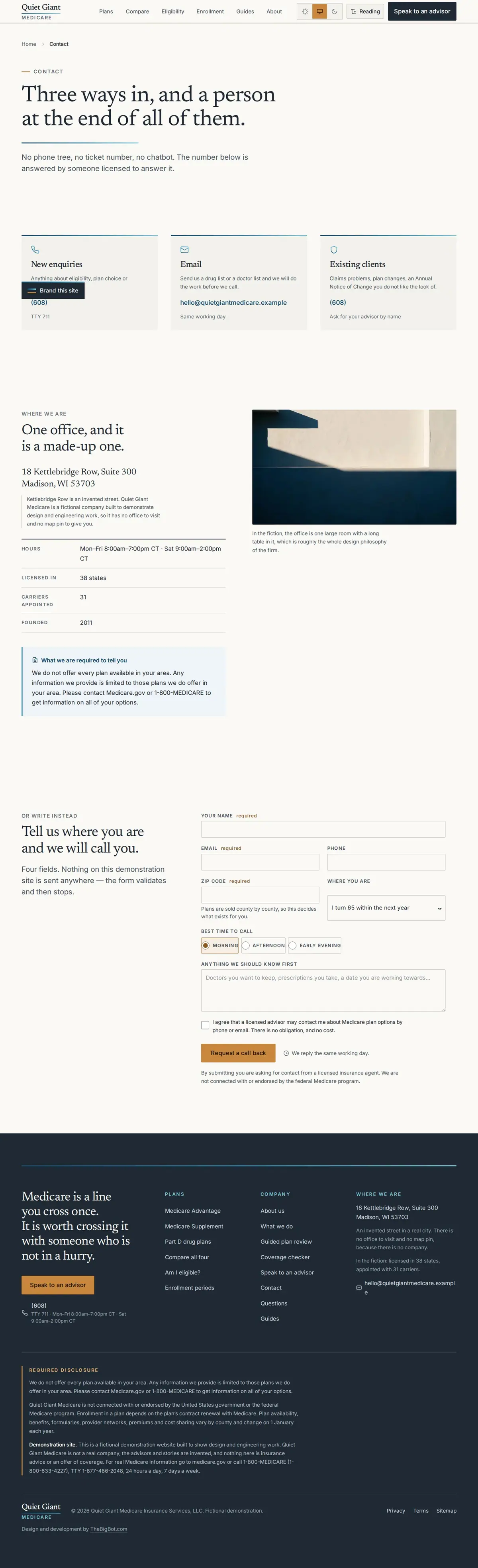 The contact page of the Quiet Giant medicare website design