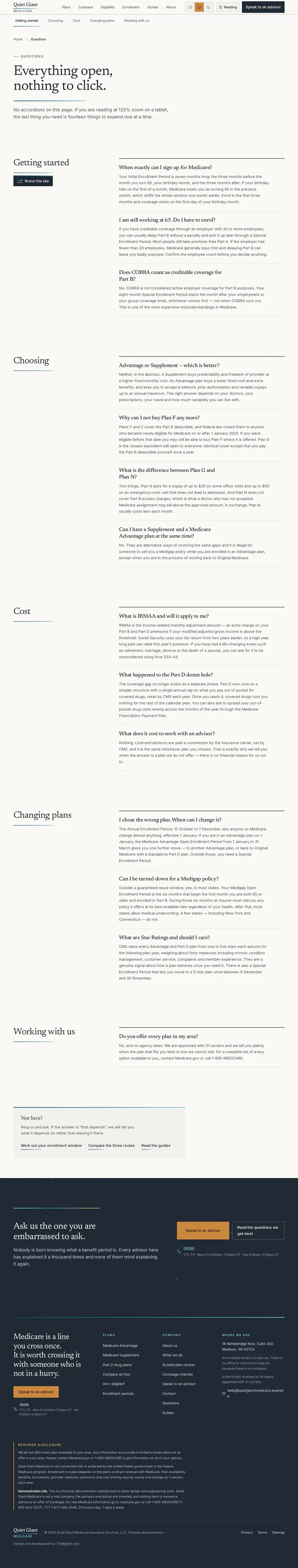 The faq page of the Quiet Giant medicare website design