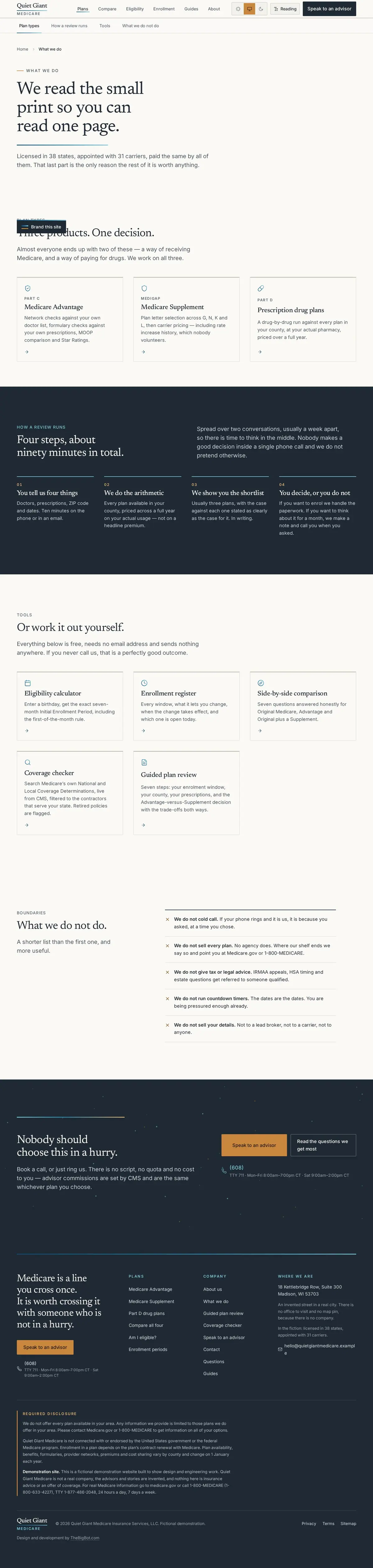 The services page of the Quiet Giant medicare website design