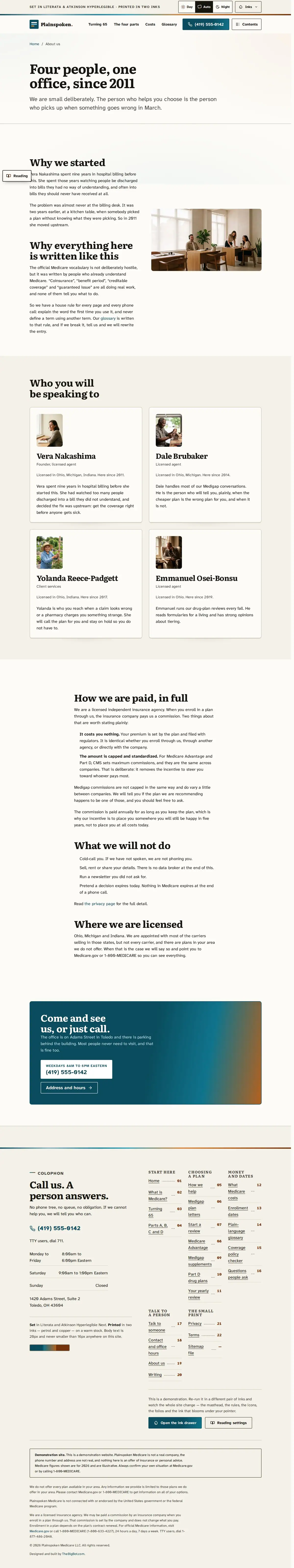 The about page of the Plainspoken Medicare medicare website design