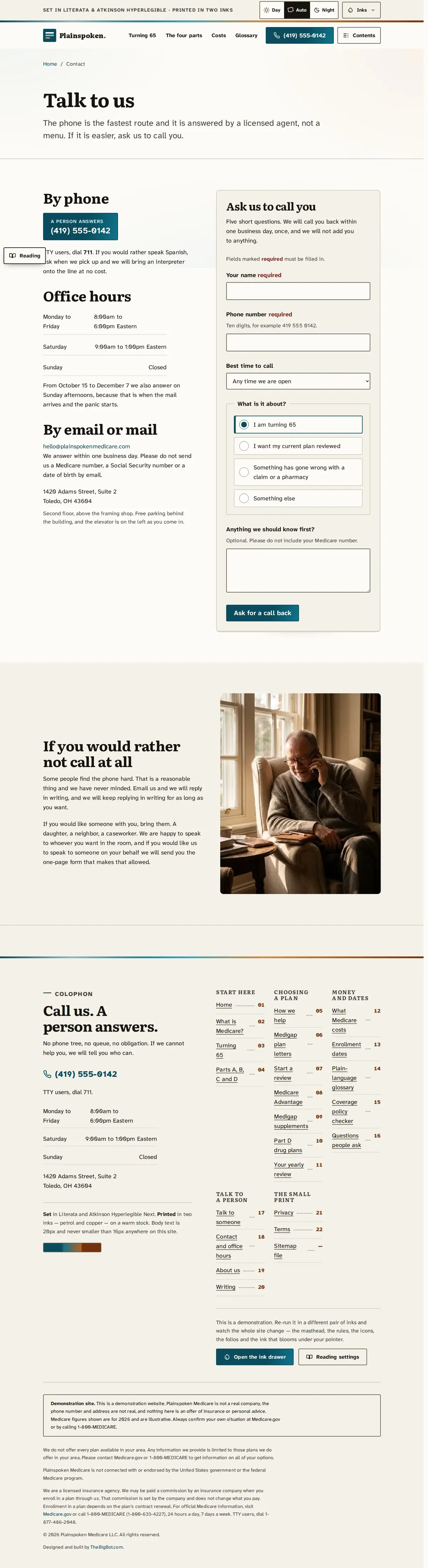 The contact page of the Plainspoken Medicare medicare website design