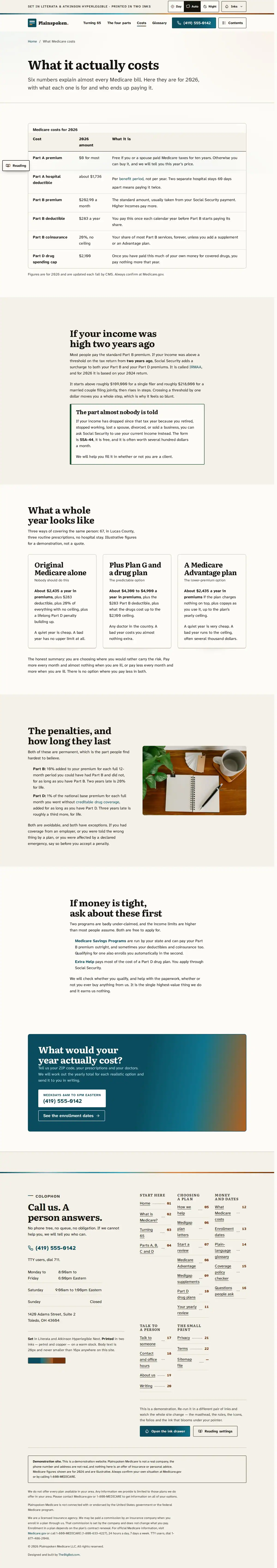 The costs page of the Plainspoken Medicare medicare website design