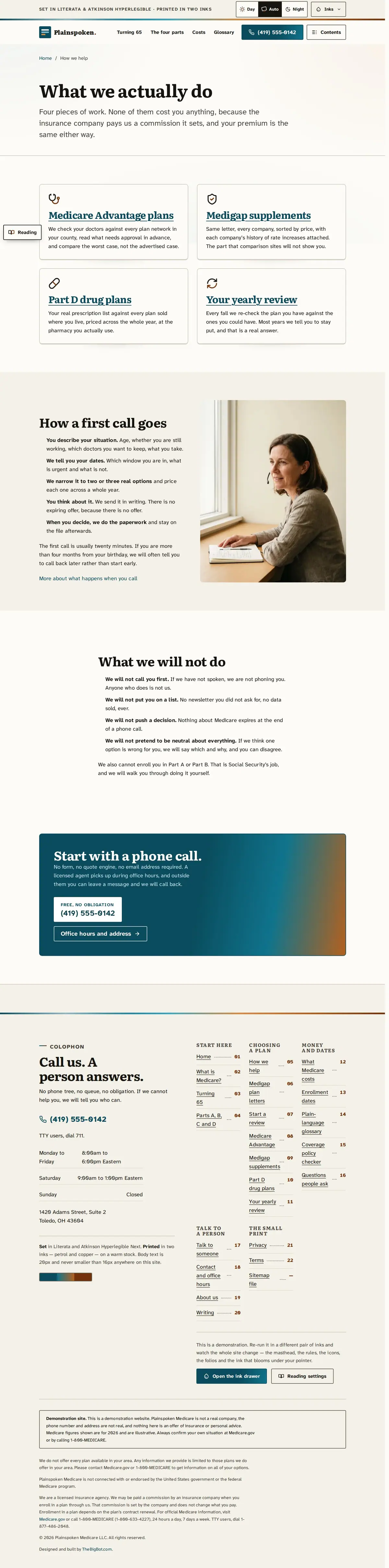 The services page of the Plainspoken Medicare medicare website design