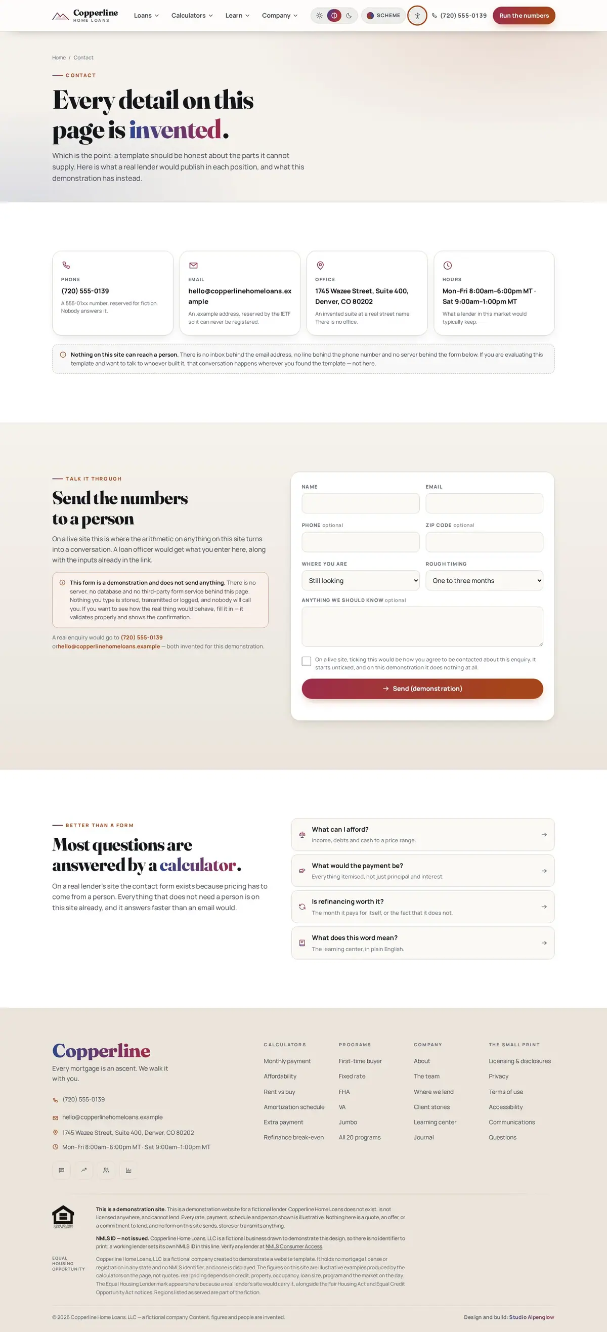 The contact us page of the Copperline Home Loans mortgage website design