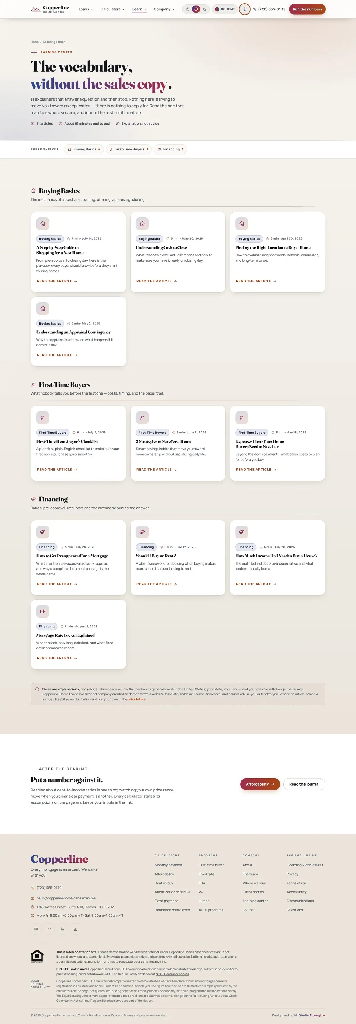 The learning center page of the Copperline Home Loans mortgage website design