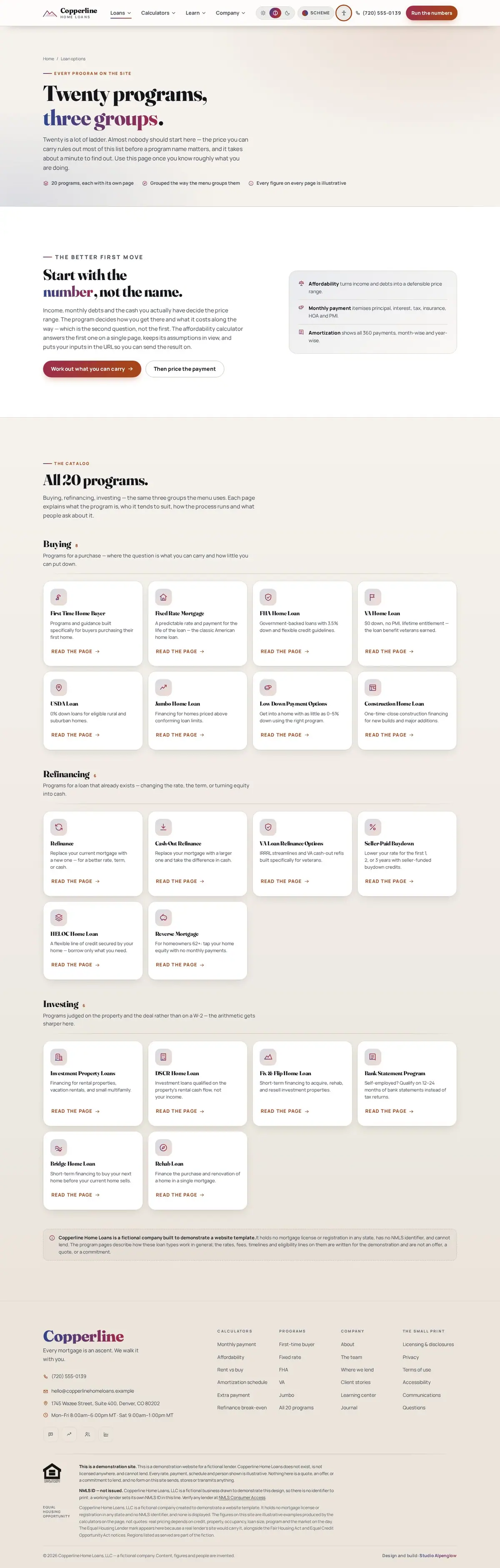 The loan options page of the Copperline Home Loans mortgage website design