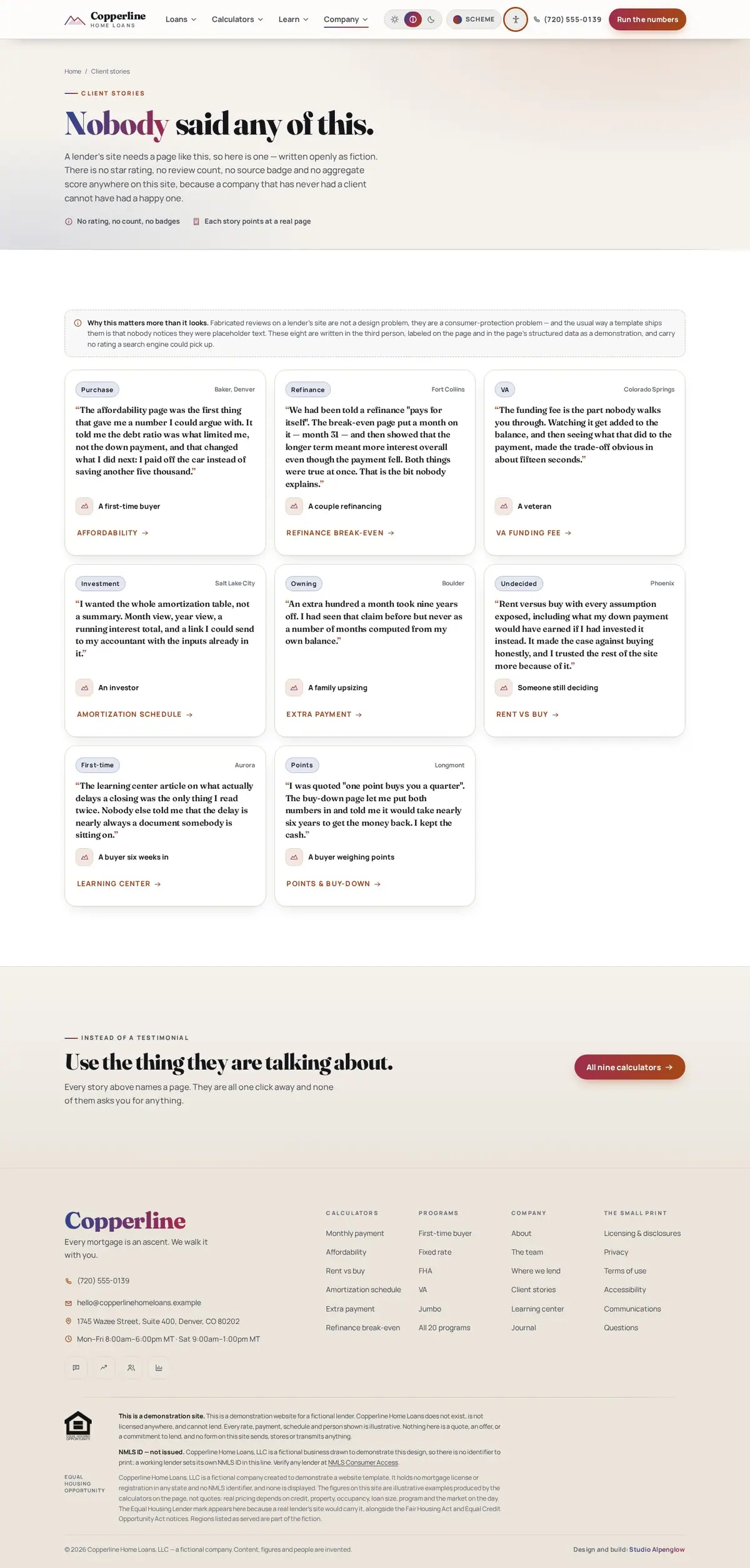 The reviews page of the Copperline Home Loans mortgage website design