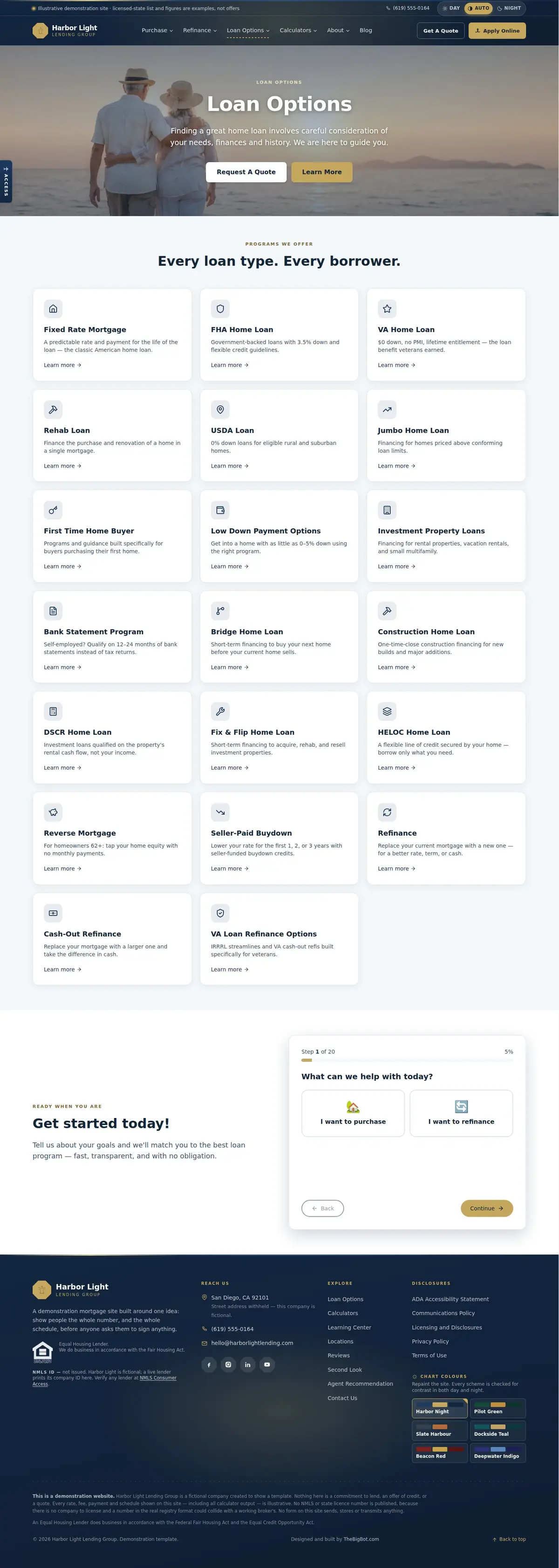 The loan options page of the Harbor Light Lending Group — August 2026 mortgage website design