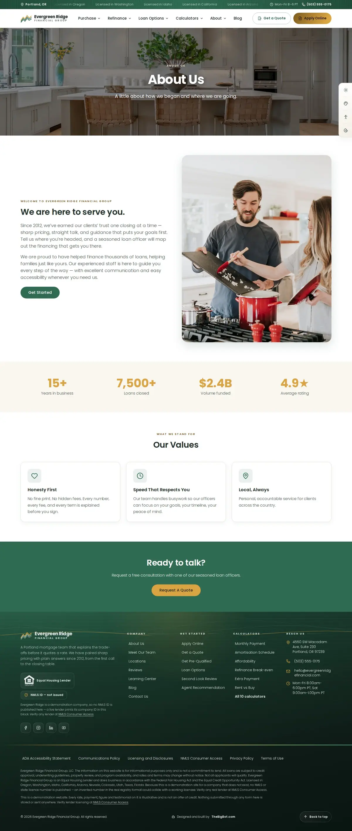 The about us page of the Evergreen Ridge Financial Group — August 2026 mortgage website design