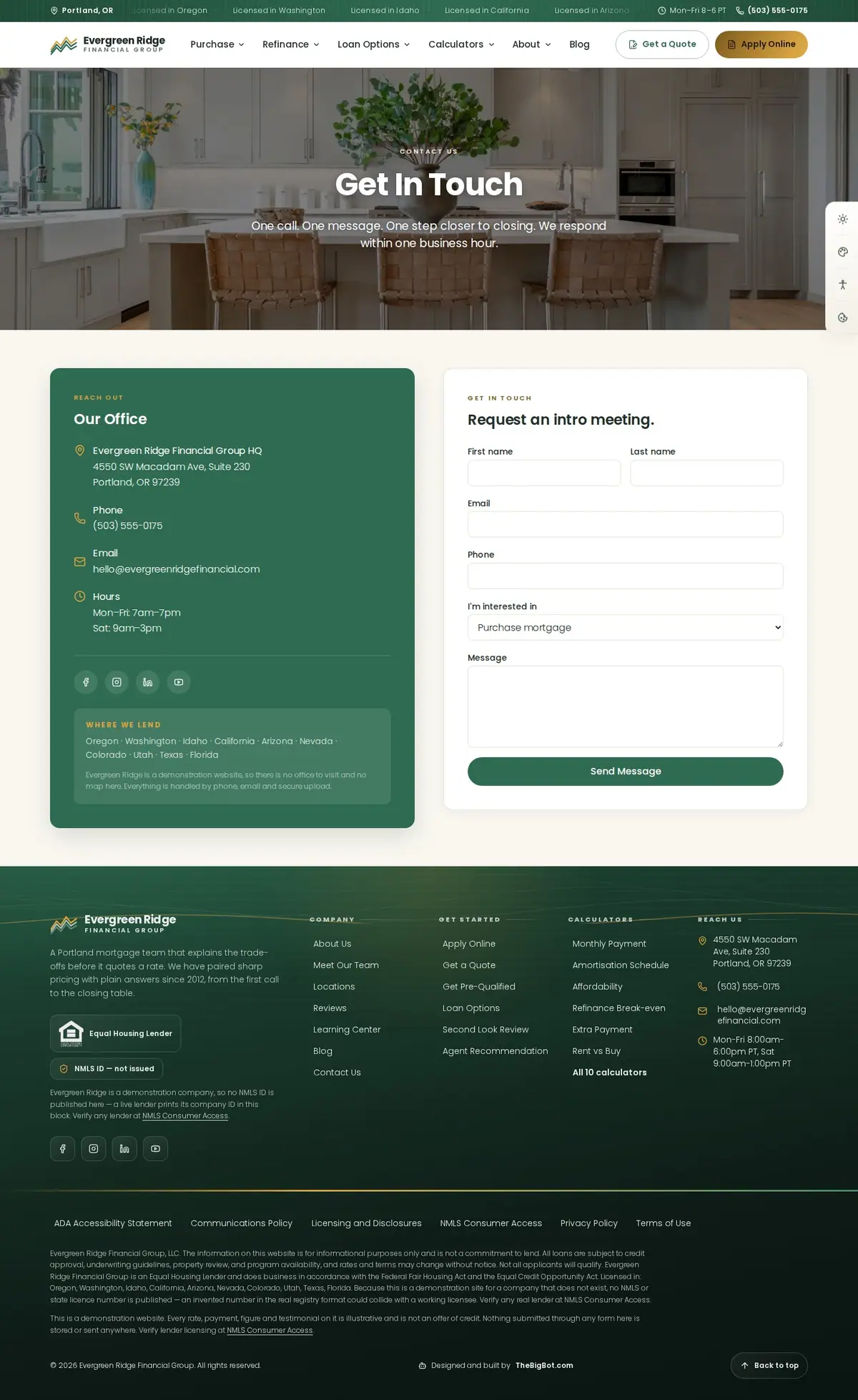 The contact us page of the Evergreen Ridge Financial Group — August 2026 mortgage website design