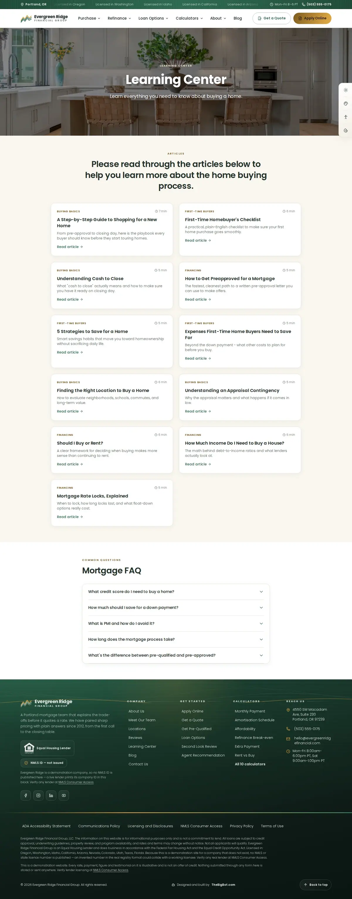 The learning center page of the Evergreen Ridge Financial Group — August 2026 mortgage website design