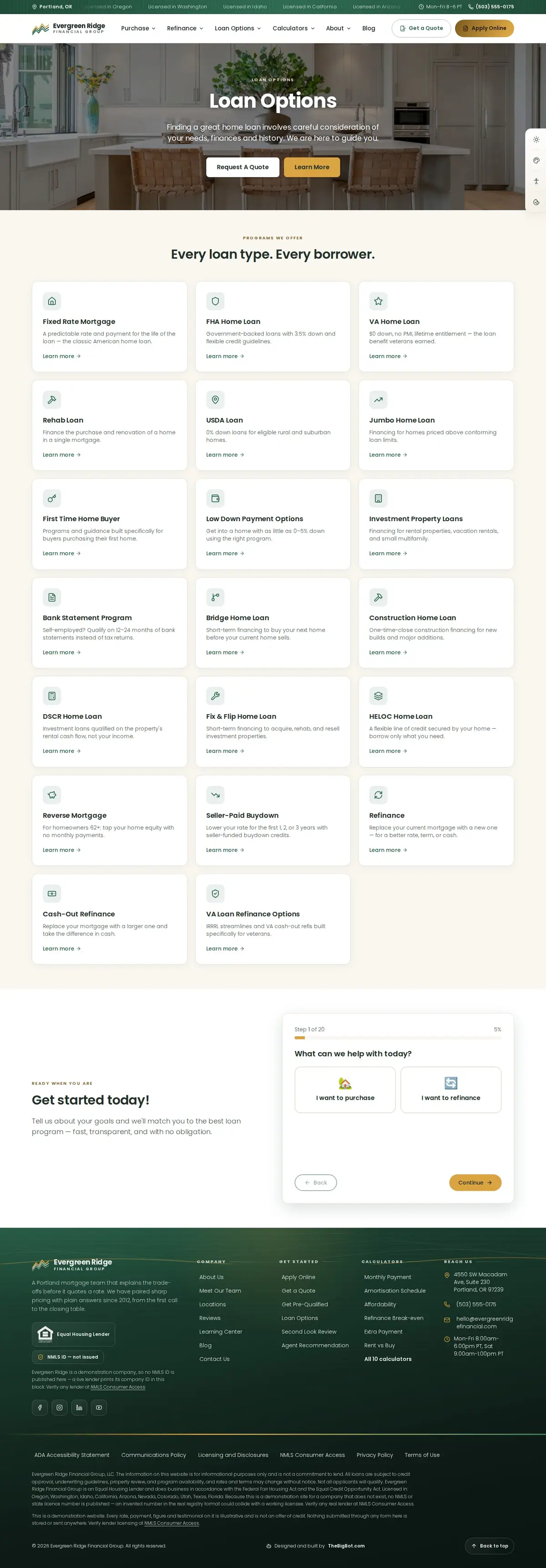 The loan options page of the Evergreen Ridge Financial Group — August 2026 mortgage website design