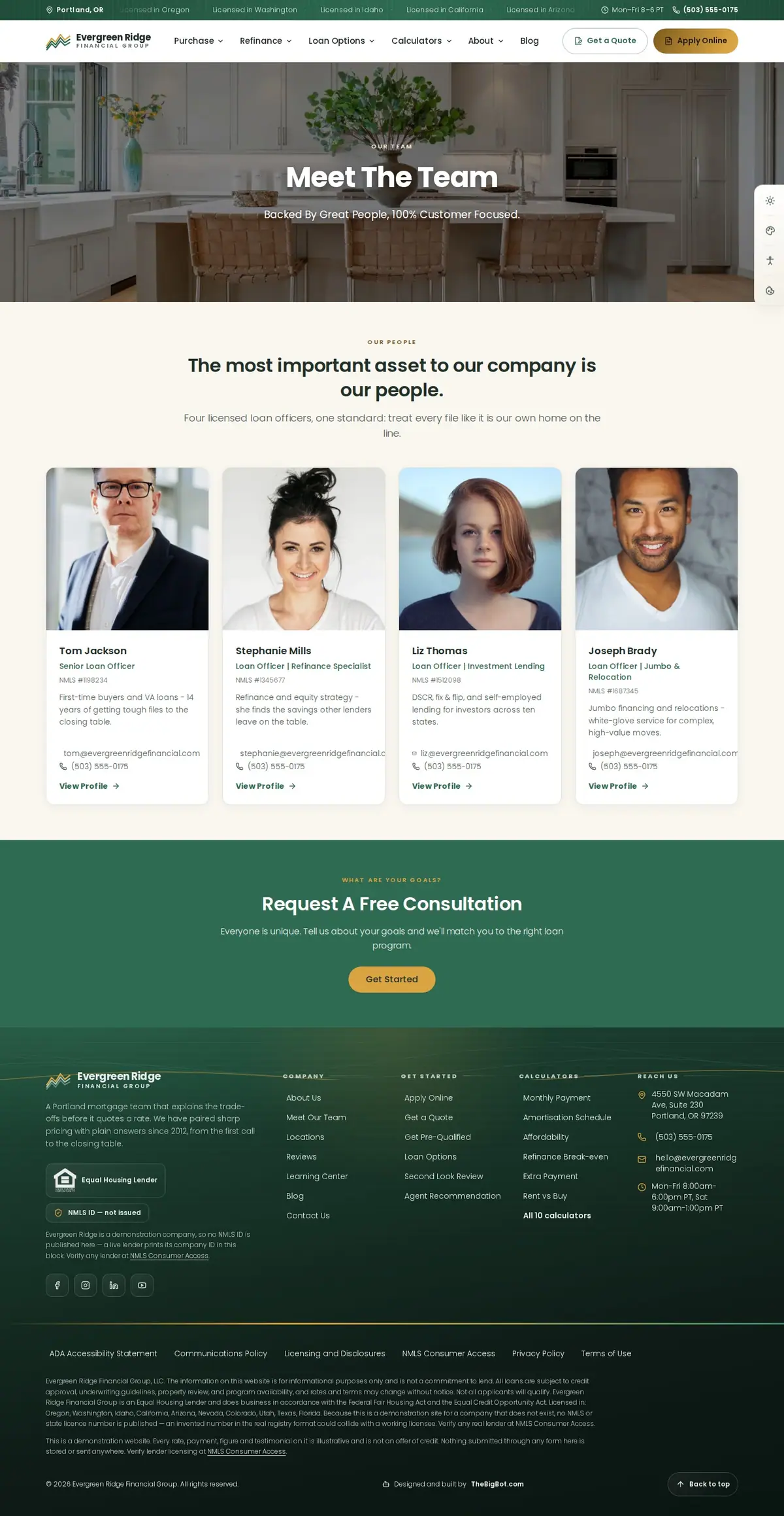 The meet our team page of the Evergreen Ridge Financial Group — August 2026 mortgage website design