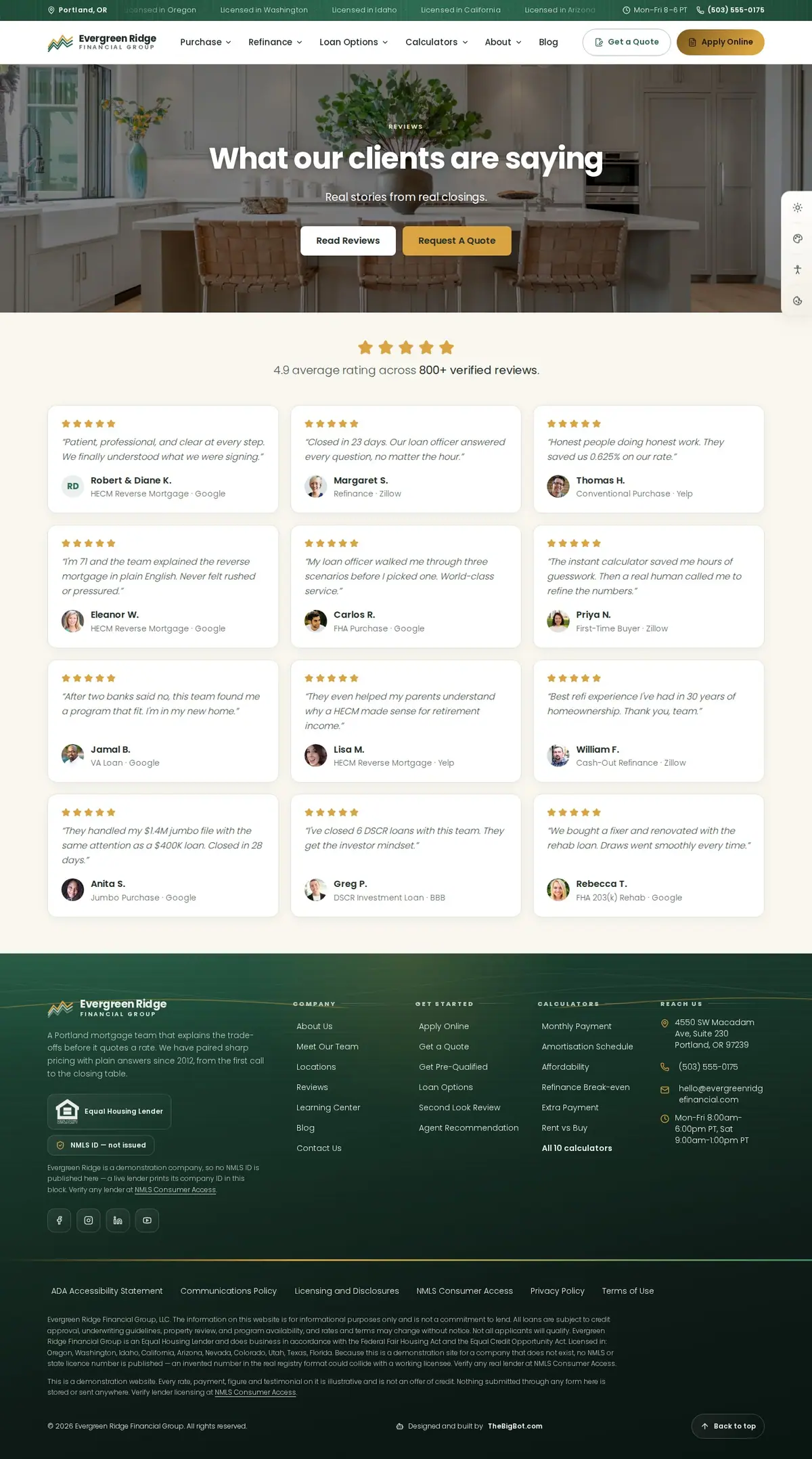 The reviews page of the Evergreen Ridge Financial Group — August 2026 mortgage website design