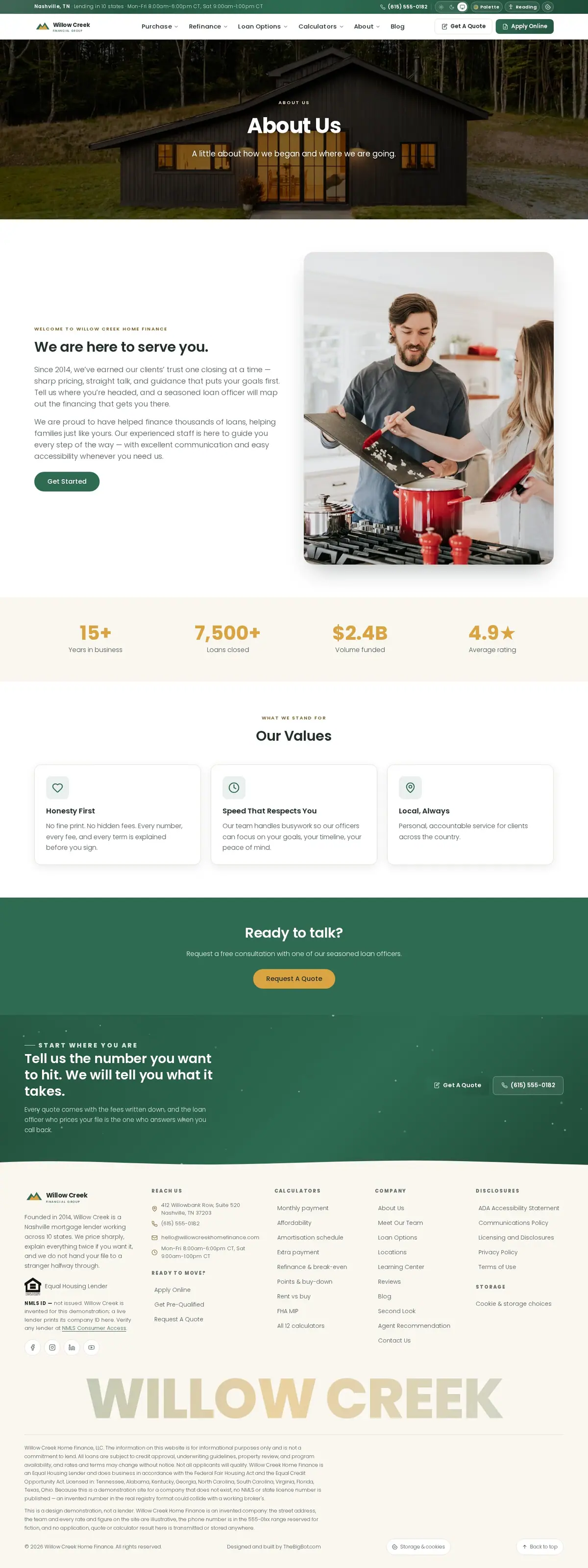 The about us page of the Willow Creek Home Finance — August 2026 mortgage website design