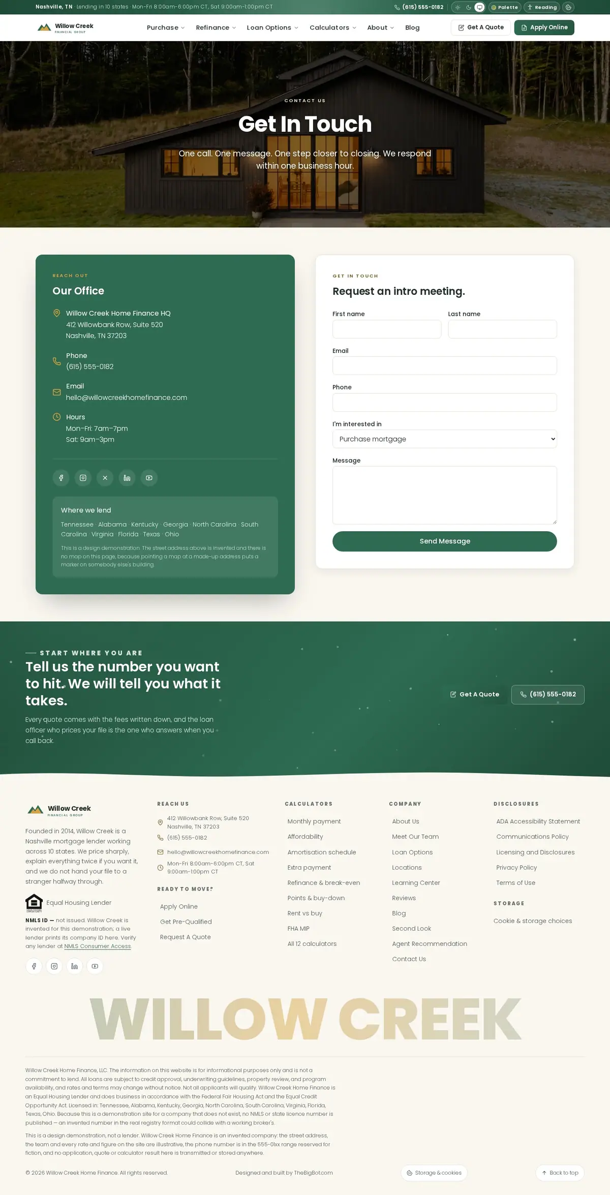 The contact us page of the Willow Creek Home Finance — August 2026 mortgage website design
