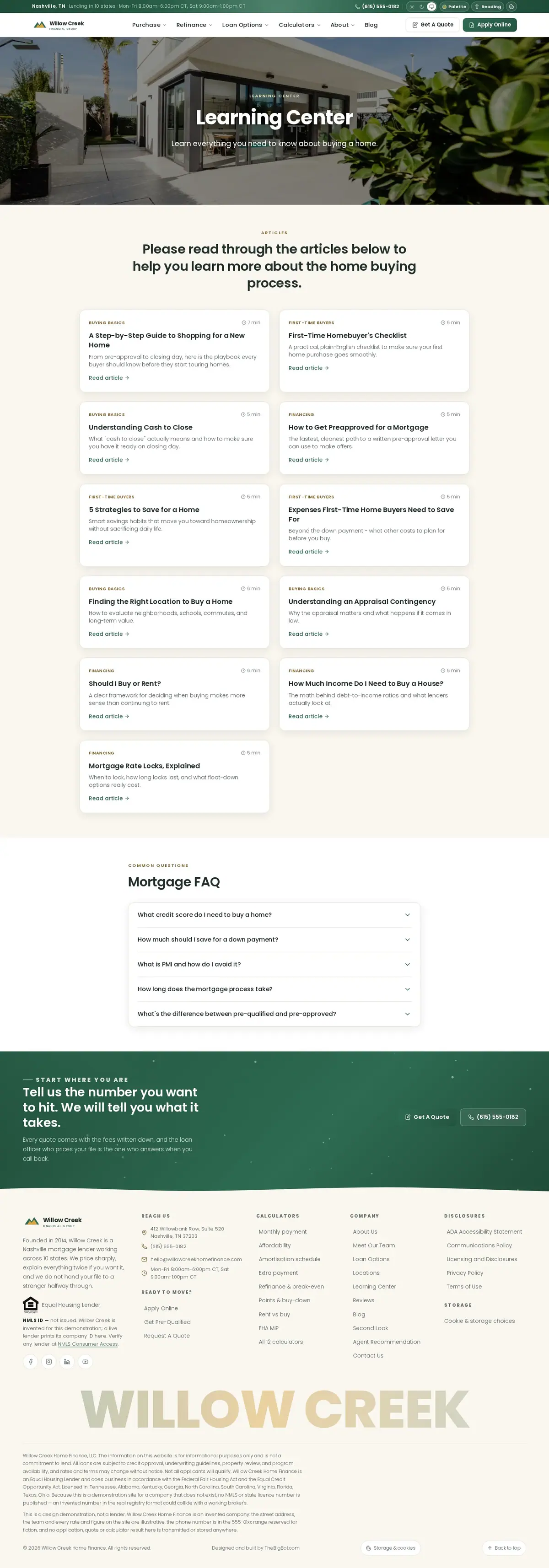 The learning center page of the Willow Creek Home Finance — August 2026 mortgage website design
