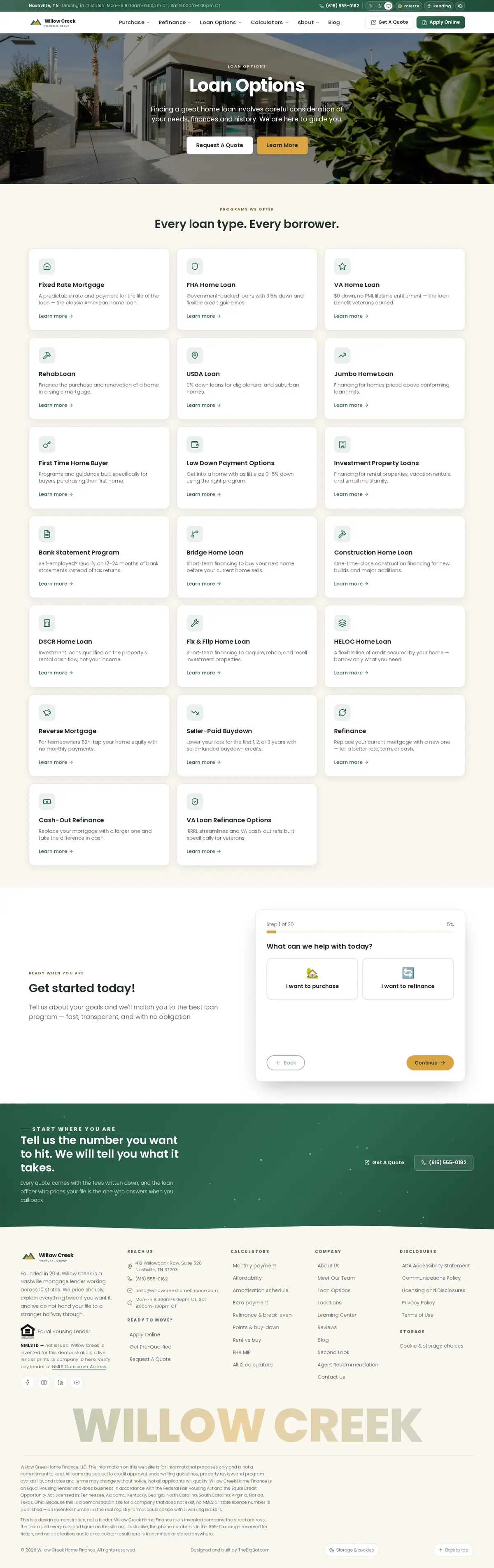 The loan options page of the Willow Creek Home Finance — August 2026 mortgage website design