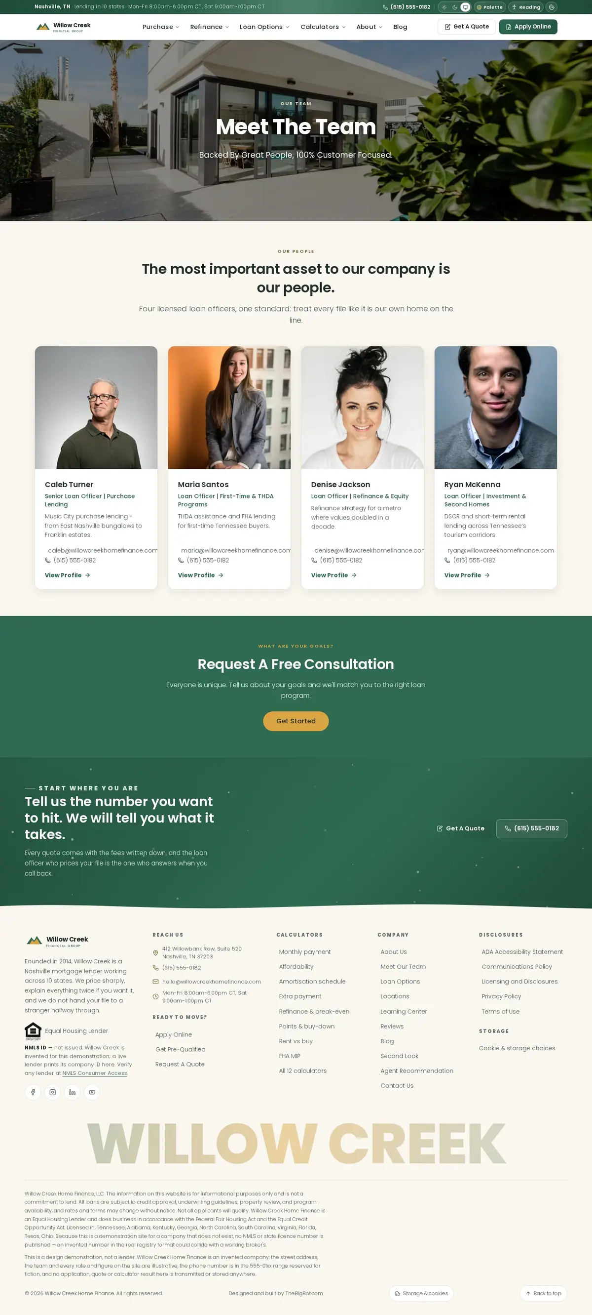 The meet our team page of the Willow Creek Home Finance — August 2026 mortgage website design